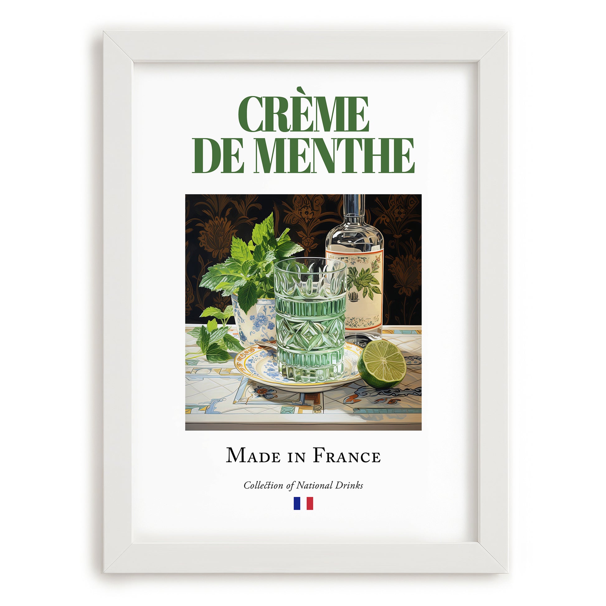 Crème de menthe – French Liqueur Drink, Cocktail Lounge Painting, placed in minimal white frame