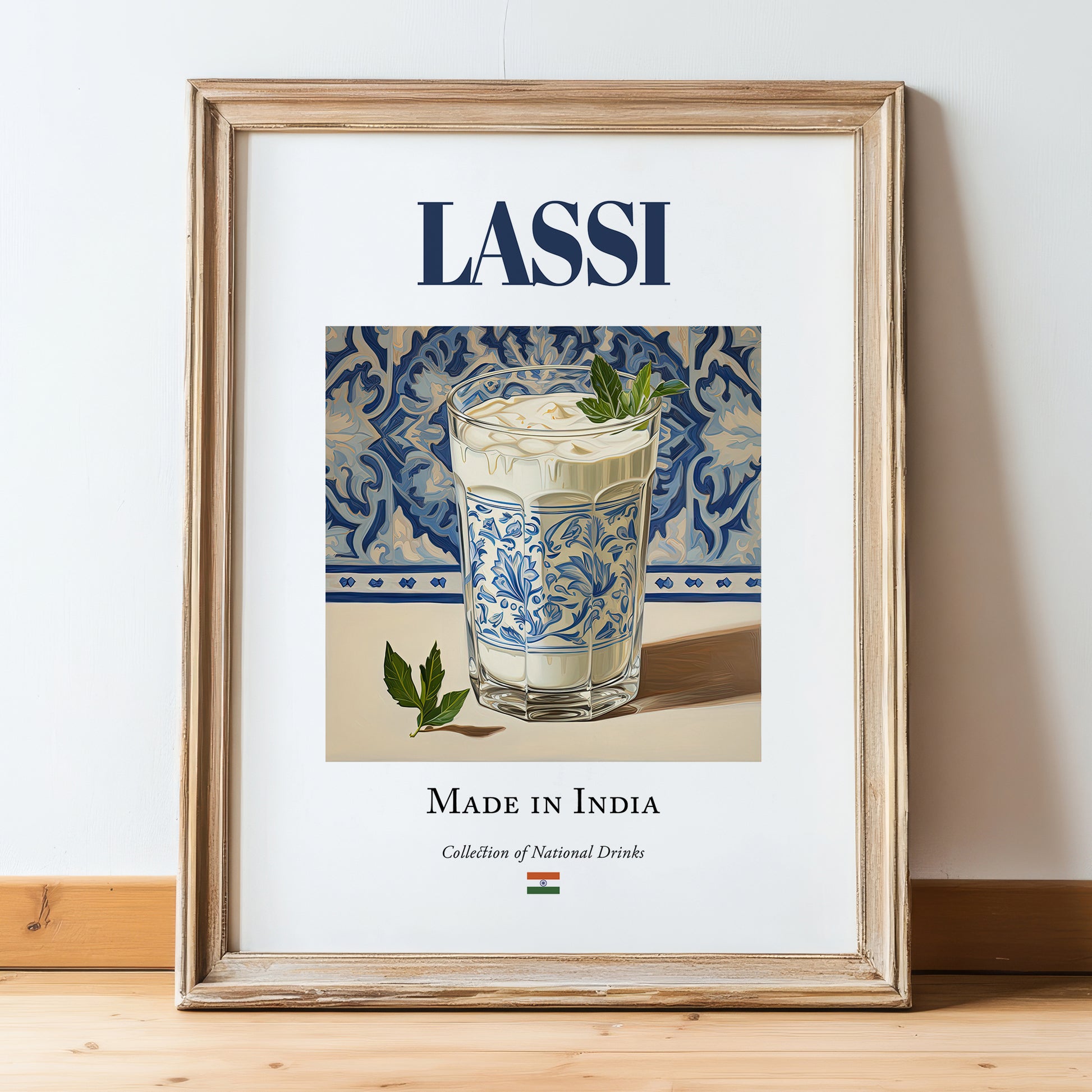 Lassi – Indian Beverage Drink, Jazz Bar Wall Decor, in wooden frame leaning on the floor