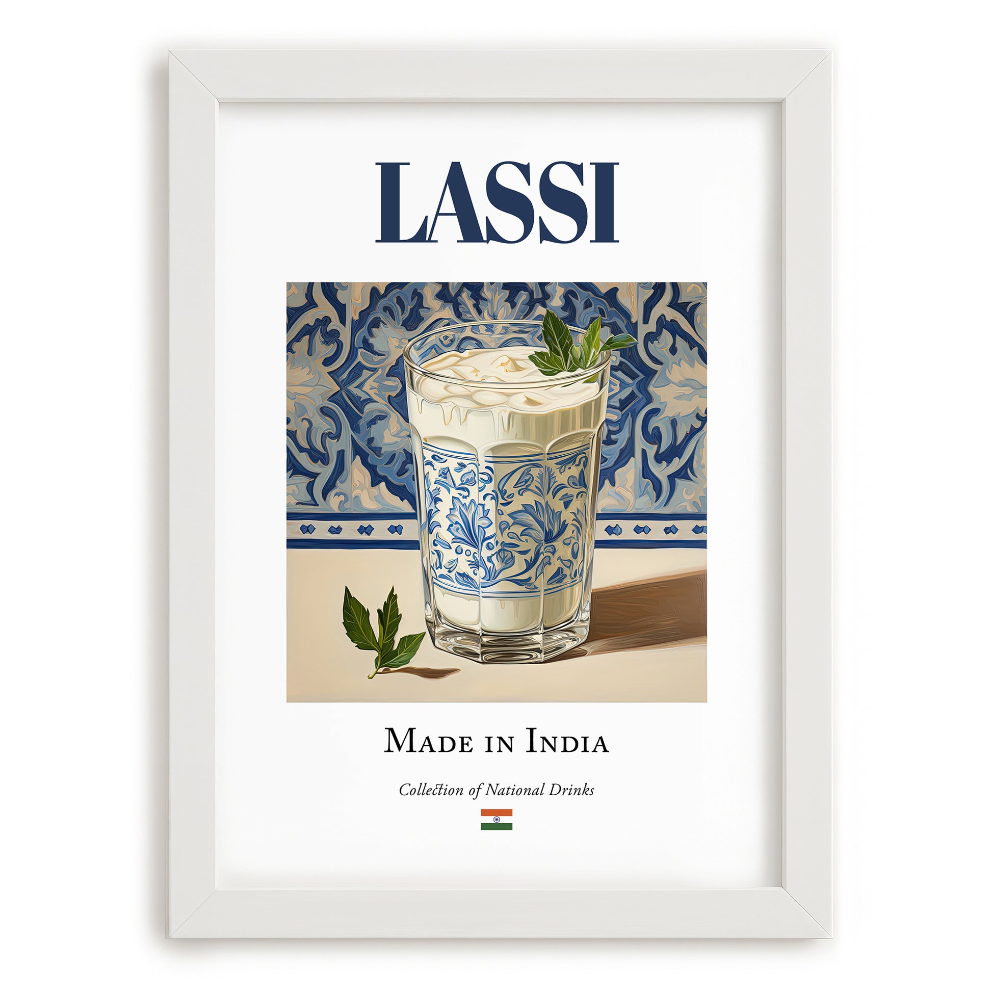 Lassi – Indian Beverage Drink, Jazz Bar Wall Decor, placed in minimal white frame