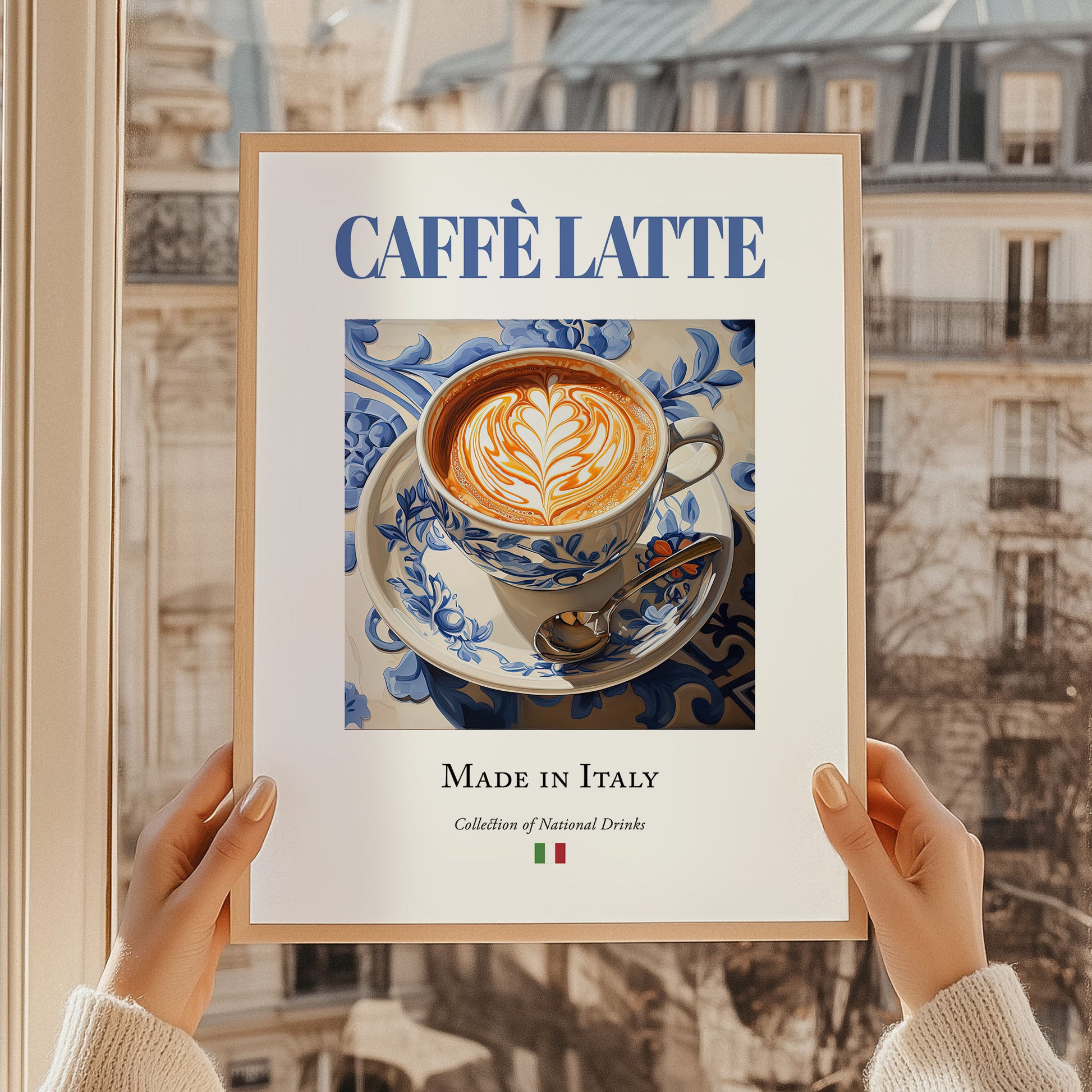 Caffè latte – Italian Coffee, Konditorei Print, styled in a charming Paris street view
