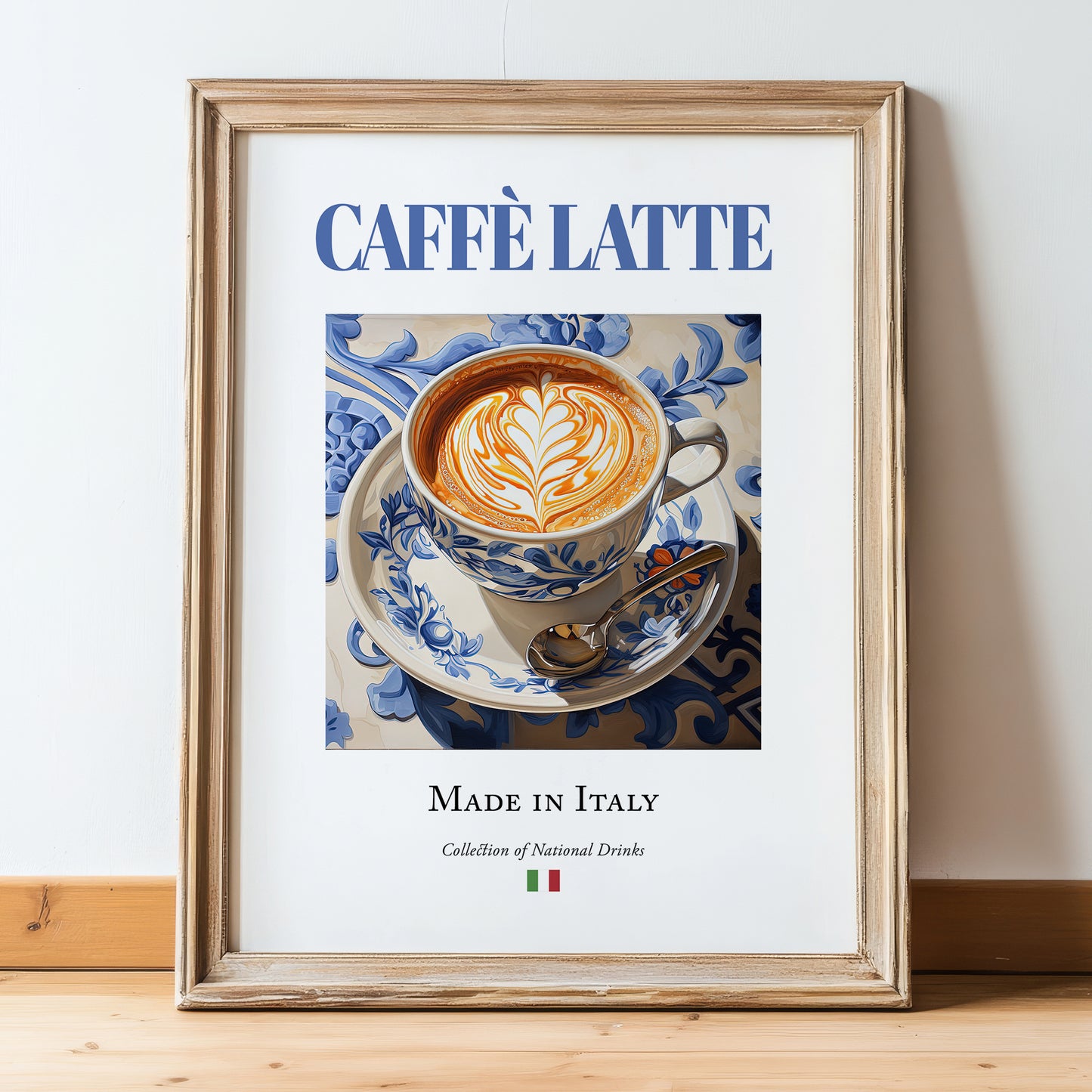 Caffè latte – Italian Coffee, Konditorei Print, in wooden frame leaning on the floor