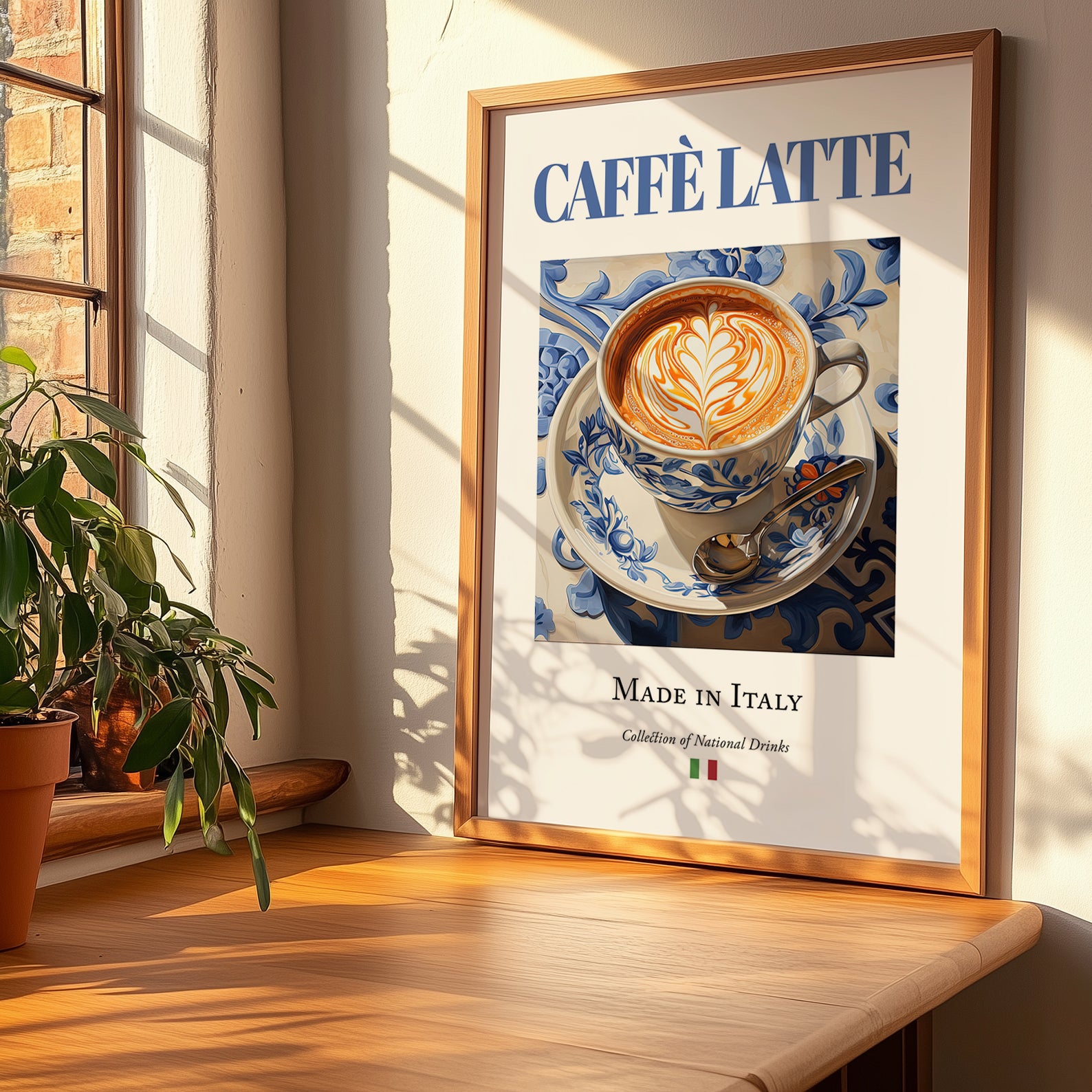 Caffè latte – Italian Coffee, Konditorei Print, no-text version framed in wood