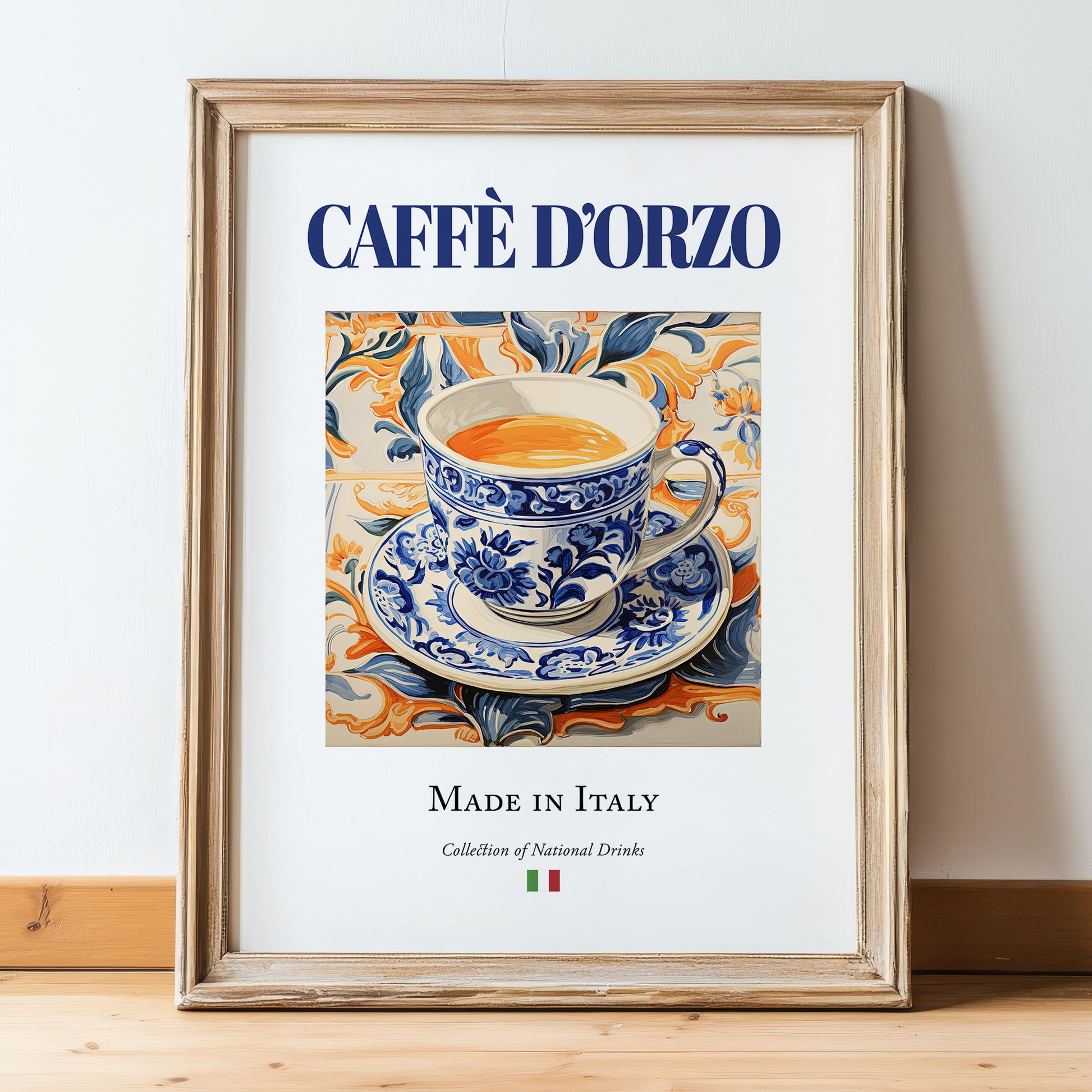 Caffè d'Orzo – Italian Coffee, Konditorei Painting, in wooden frame leaning on the floor