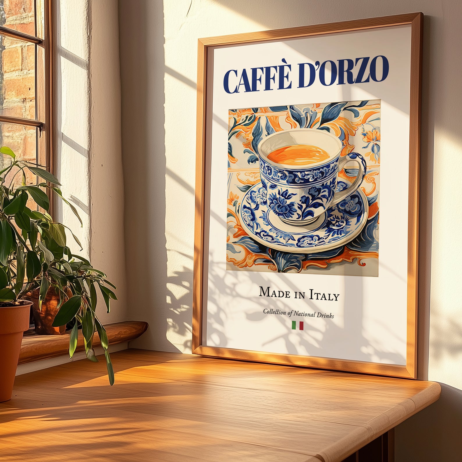 Caffè d'Orzo – Italian Coffee, Konditorei Painting, no-text version framed in wood