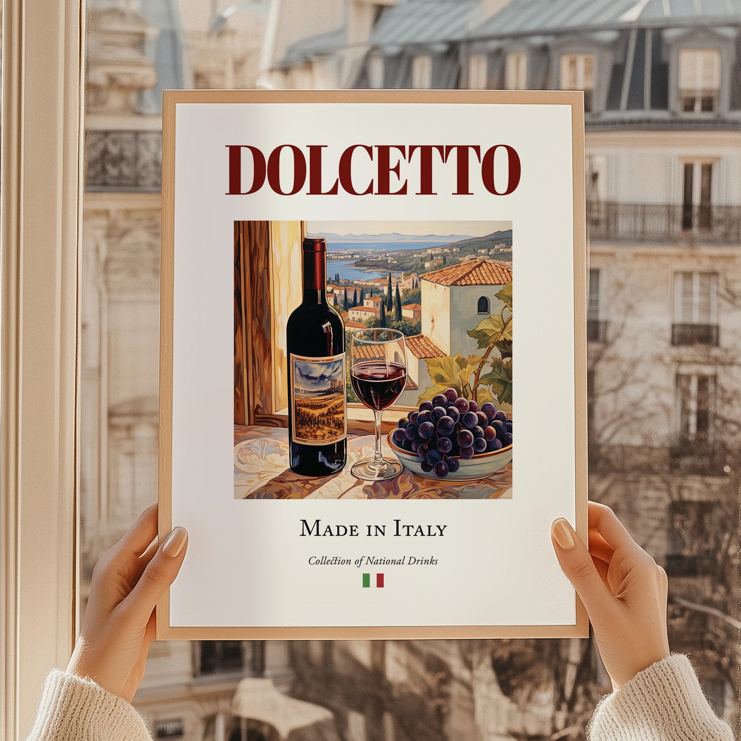 Dolcetto – Italian Red Wine, Wine Bar Print, styled in a charming Paris street view