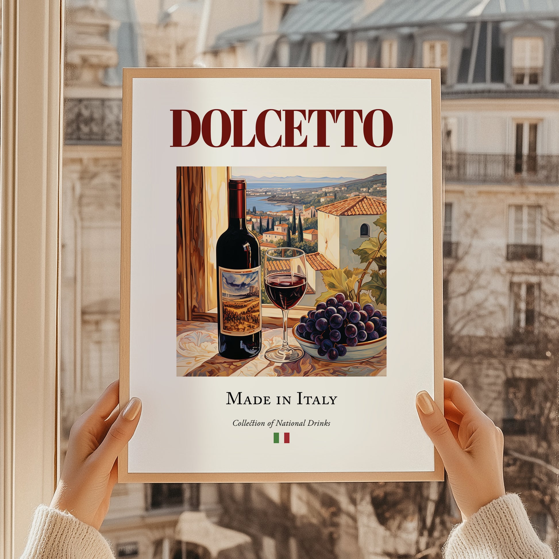 Dolcetto – Italian Red Wine, Wine Bar Print, styled in a charming Paris street view