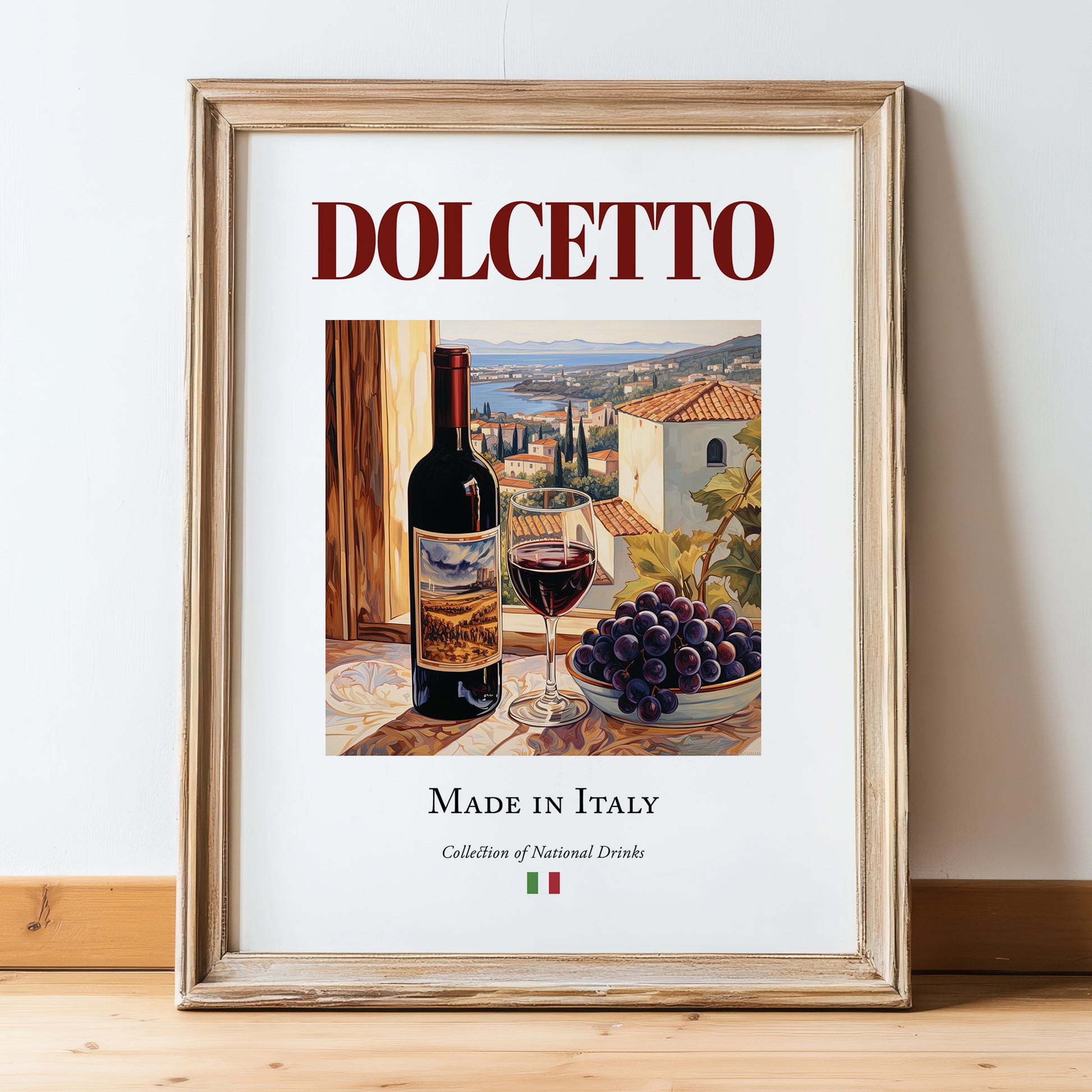 Dolcetto – Italian Red Wine, Wine Bar Print, in wooden frame leaning on the floor