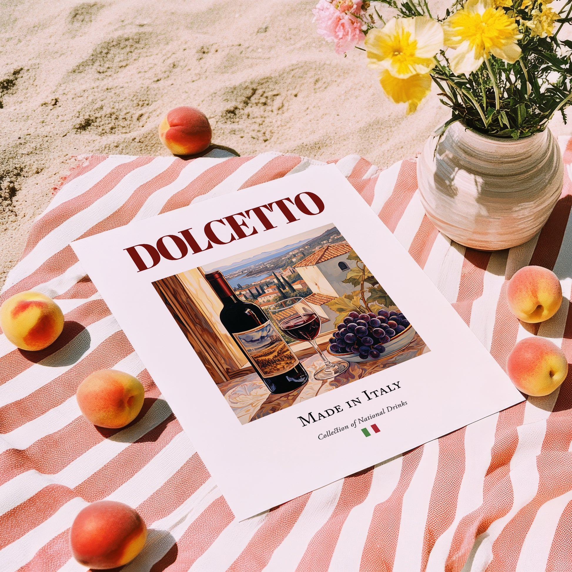 Dolcetto – Italian Red Wine, Wine Bar Print, unframed on coastal sand