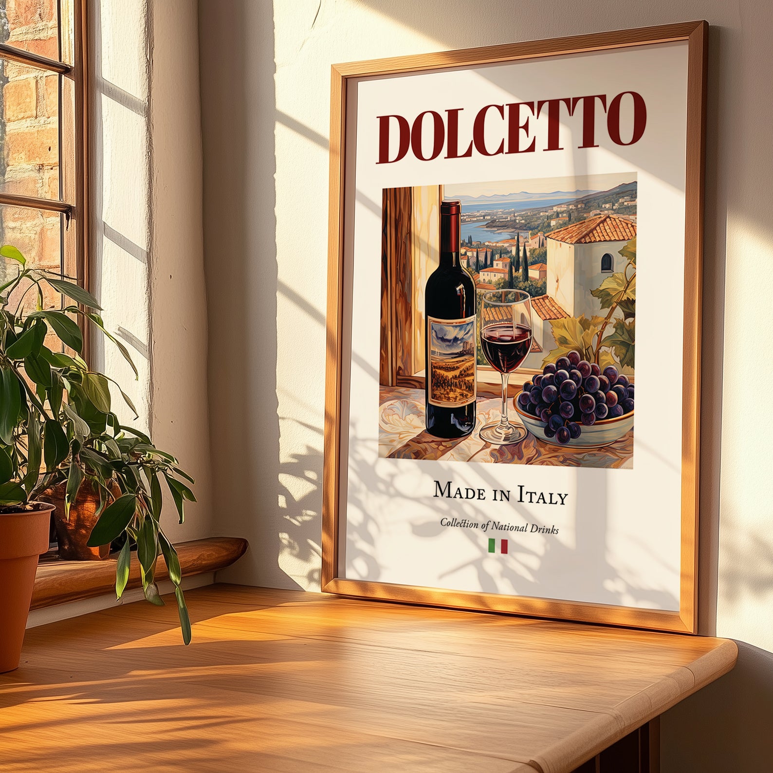 Dolcetto – Italian Red Wine, Wine Bar Print, no-text version framed in wood
