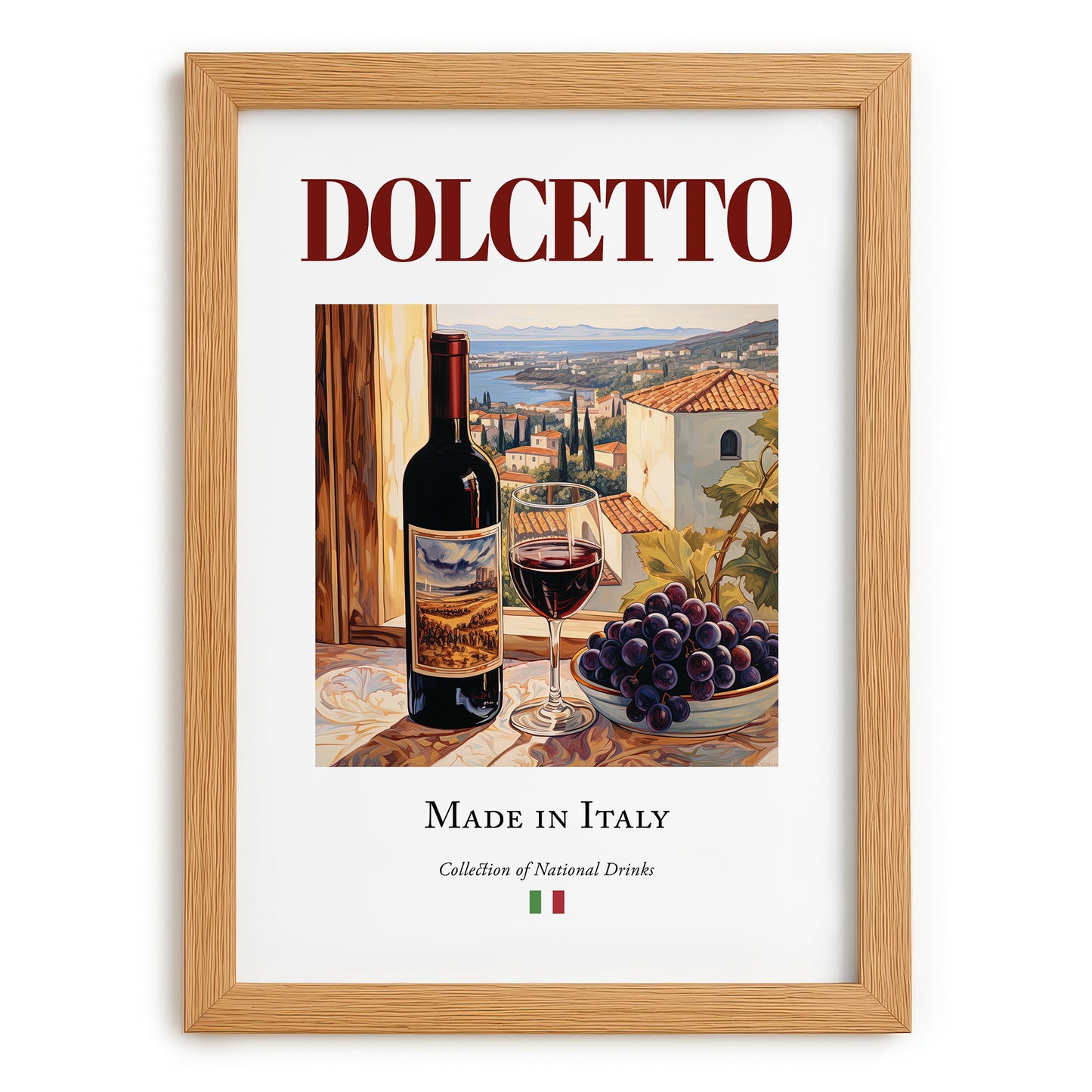 Dolcetto – Italian Red Wine, Wine Bar Print, set in oak frame