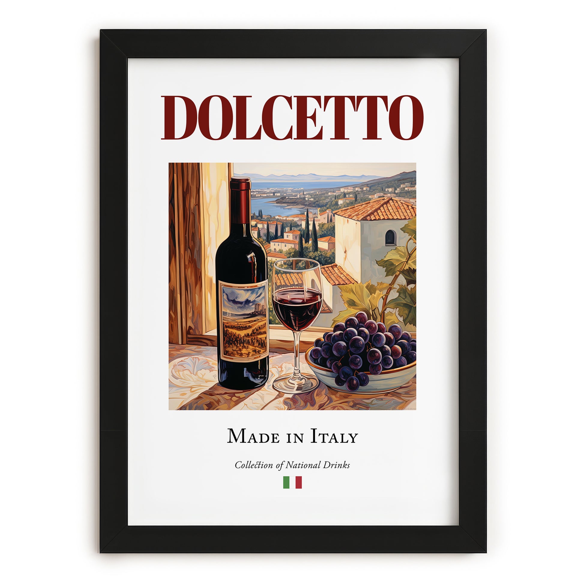 Dolcetto – Italian Red Wine, Wine Bar Print, in sleek black frame