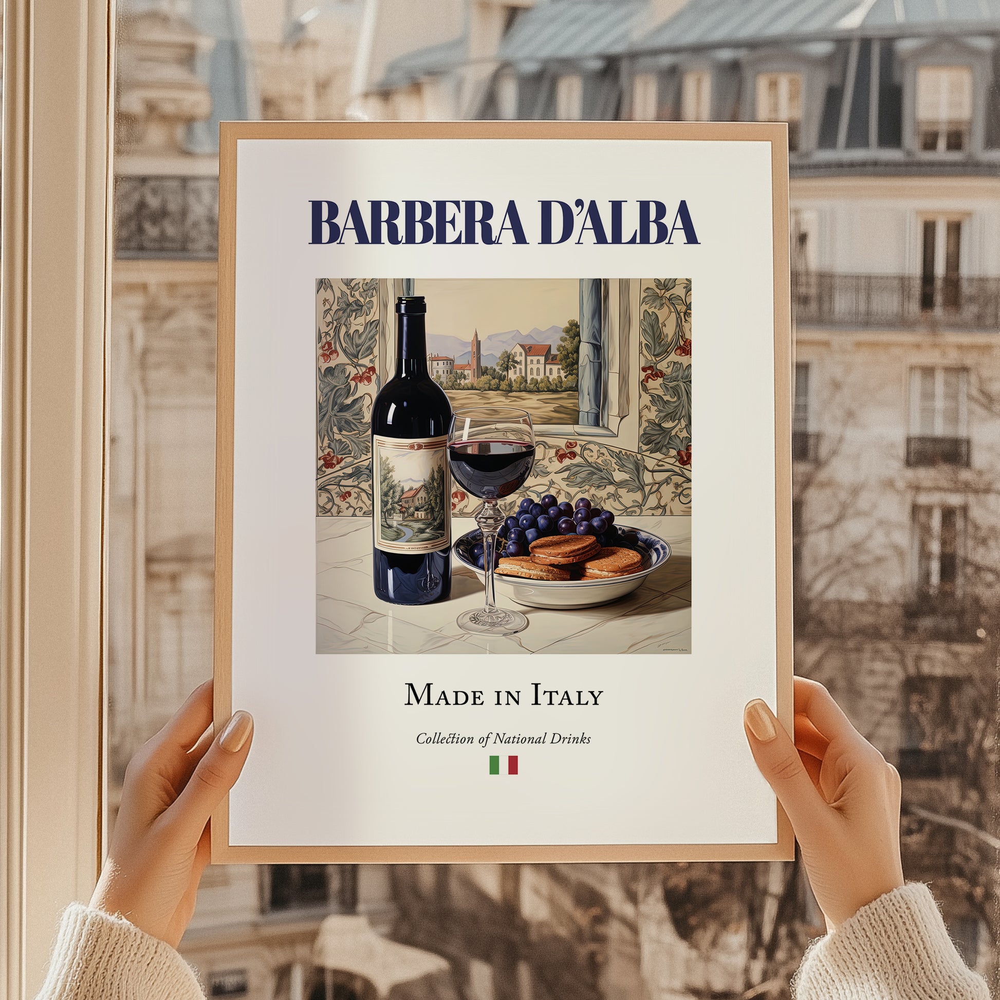 Barbera d’Alba – Italian Red Wine, Enoteca Poster, styled in a charming Paris street view