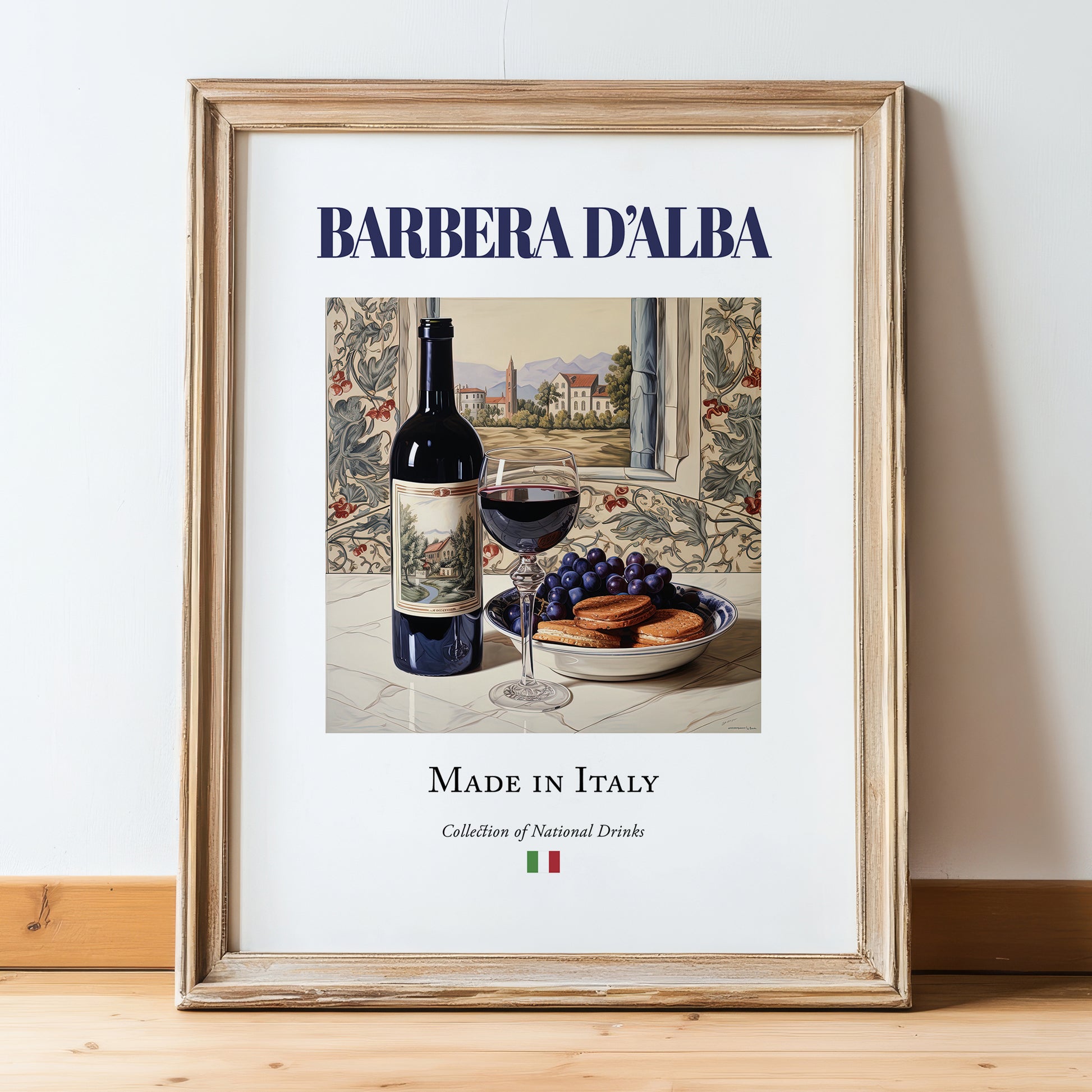 Barbera d’Alba – Italian Red Wine, Enoteca Poster, in wooden frame leaning on the floor