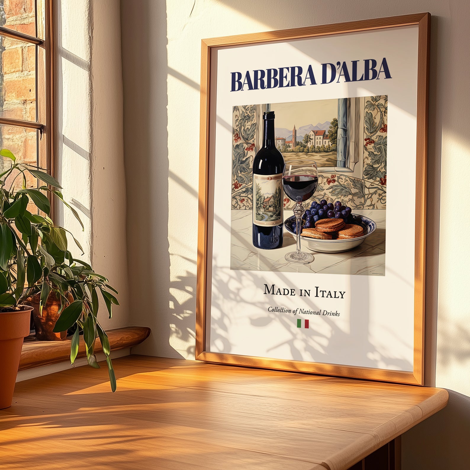 Barbera d’Alba – Italian Red Wine, Enoteca Poster, no-text version framed in wood