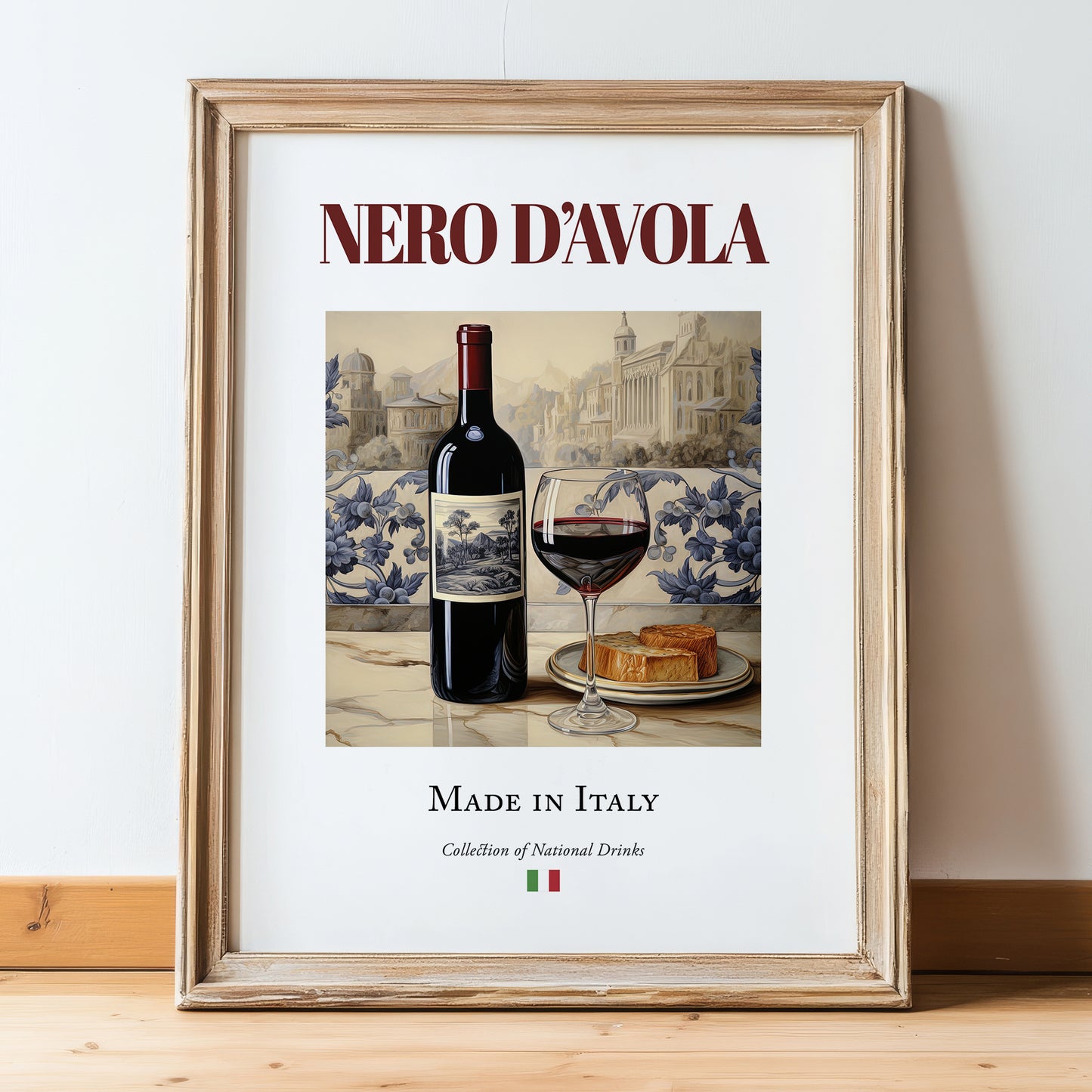 Nero d’Avola – Italian Red Wine, Enoteca Wall Art, in wooden frame leaning on the floor
