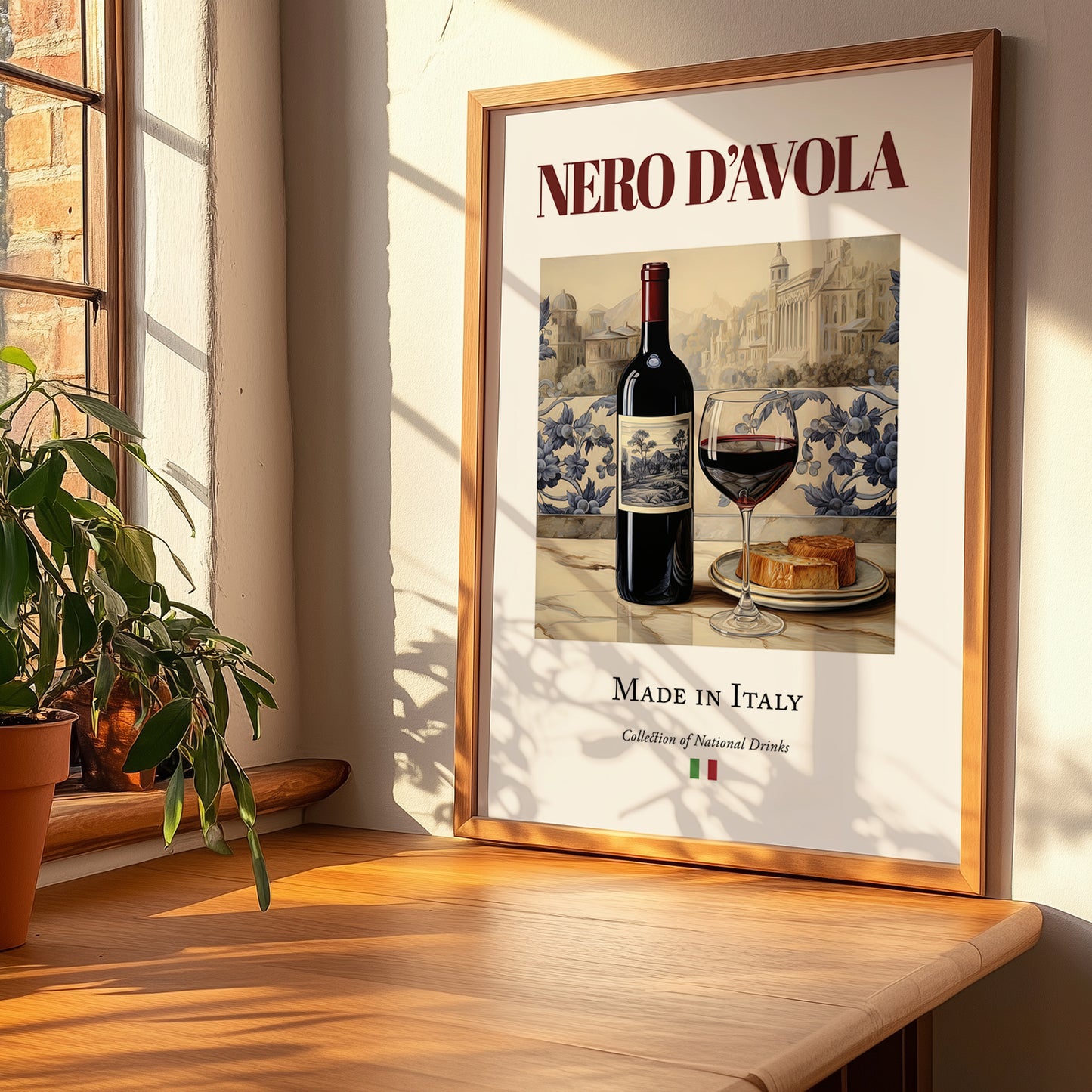 Nero d’Avola – Italian Red Wine, Enoteca Wall Art, no-text version framed in wood