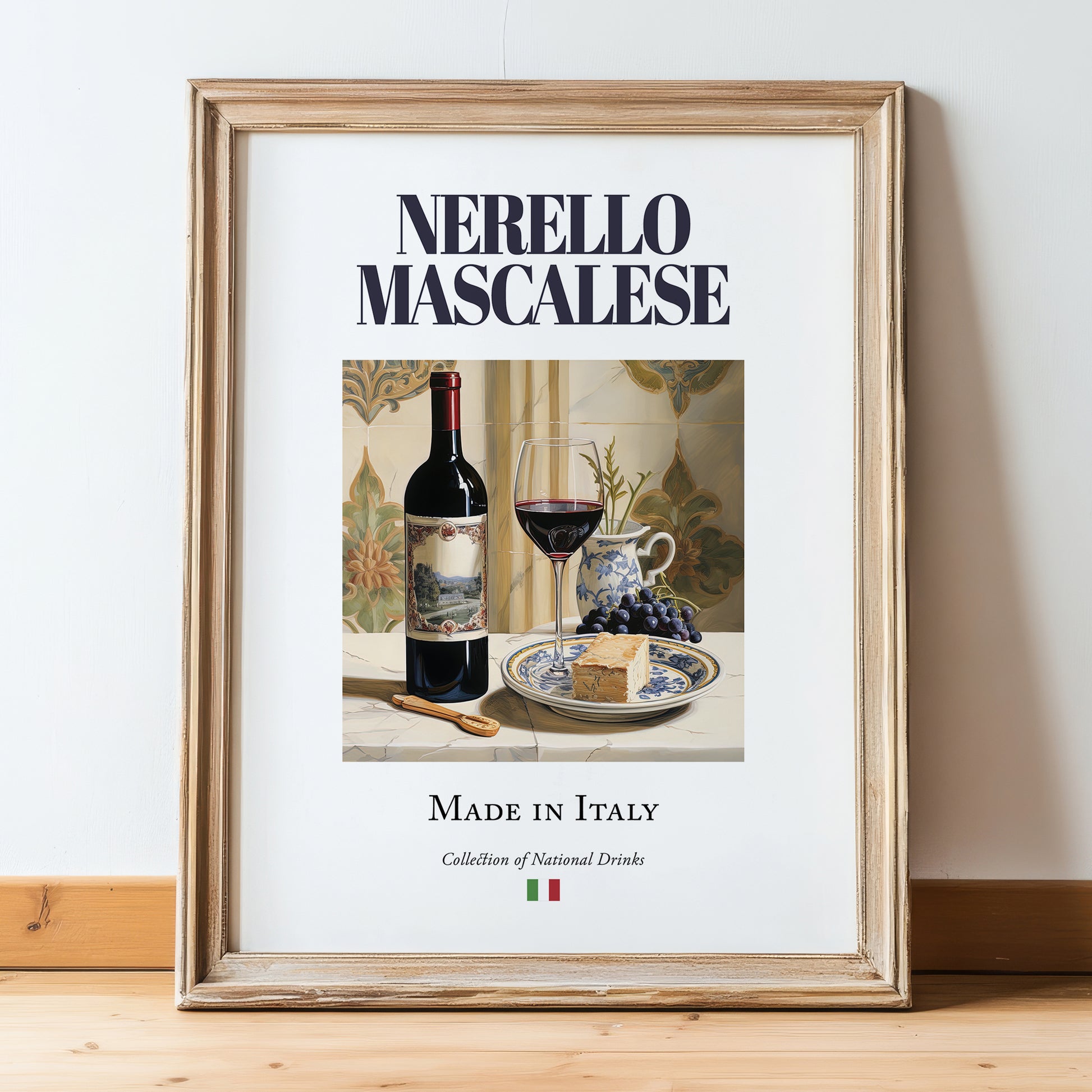 Nerello Mascalese – Italian Red Wine, Tasting Room Wall Art, in wooden frame leaning on the floor