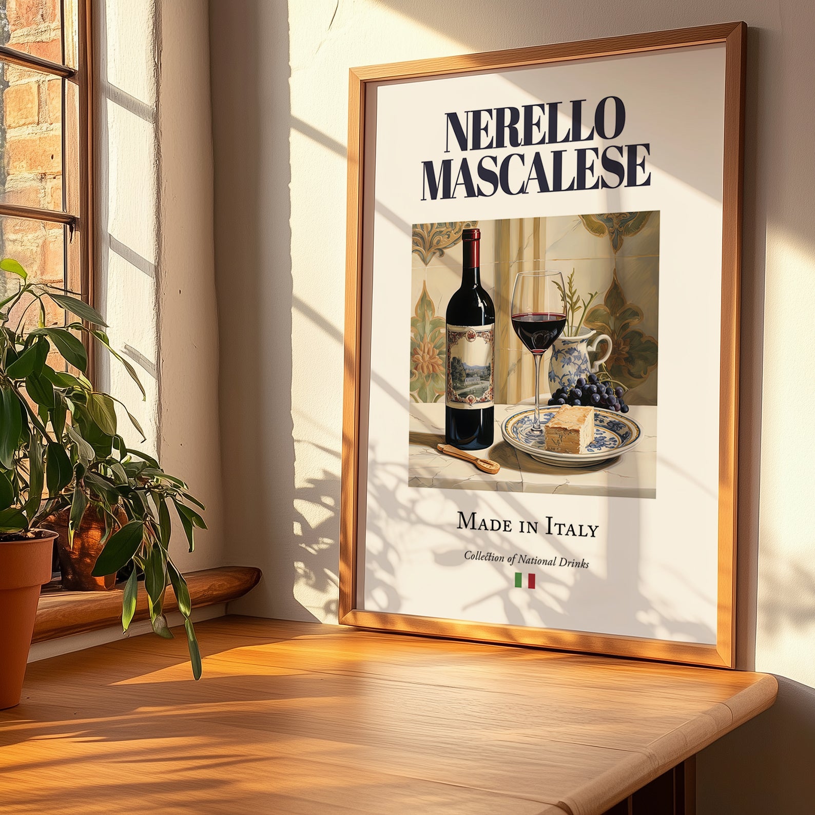 Nerello Mascalese – Italian Red Wine, Tasting Room Wall Art, no-text version framed in wood