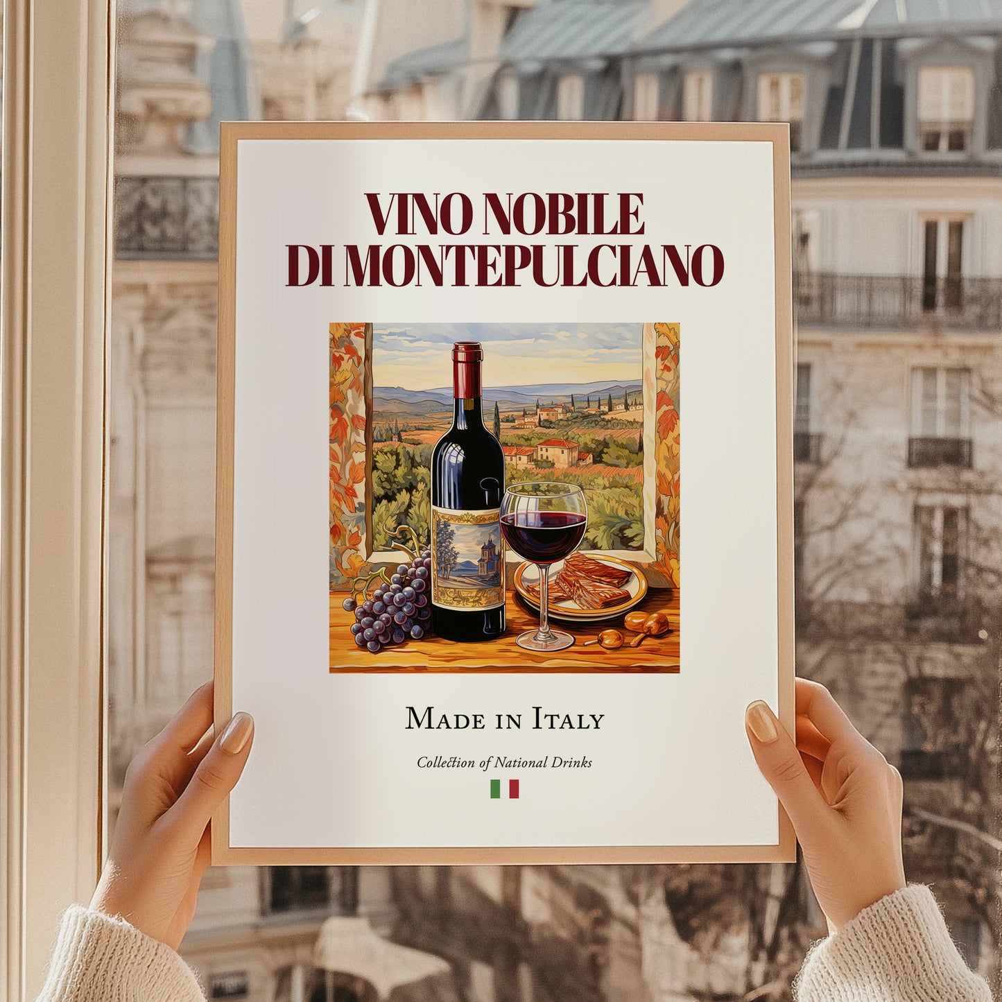 Vino Nobile di Montepulciano – Italian Red Wine, Enoteca Still Life, styled in a charming Paris street view