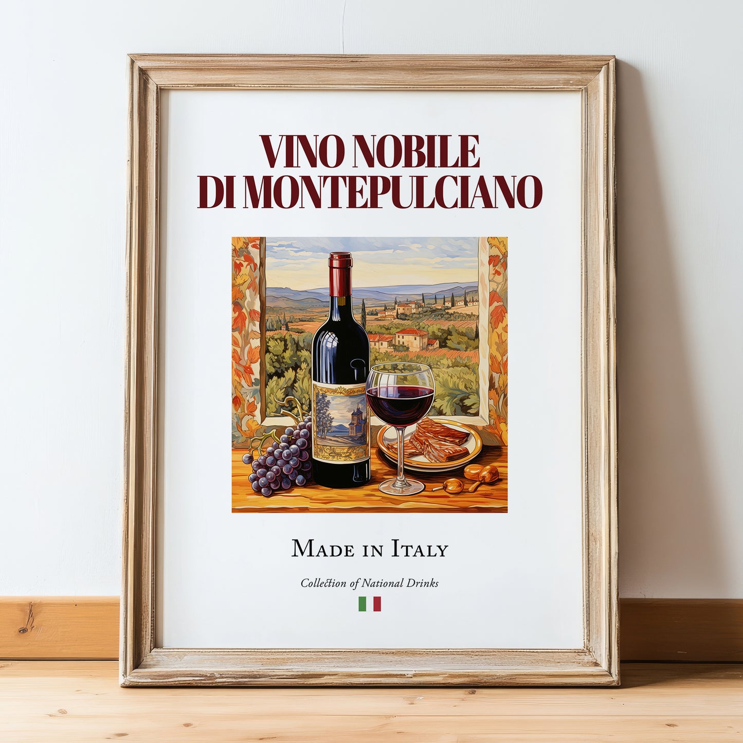 Vino Nobile di Montepulciano – Italian Red Wine, Enoteca Still Life, in wooden frame leaning on the floor
