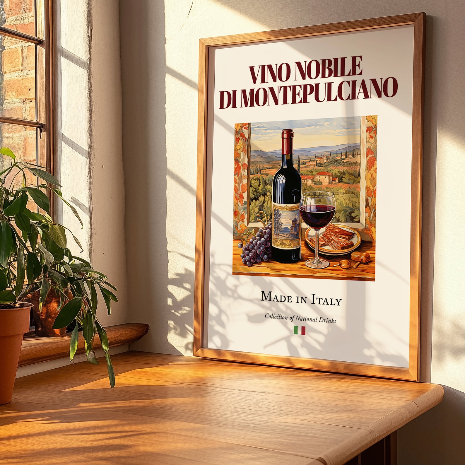 Vino Nobile di Montepulciano – Italian Red Wine, Enoteca Still Life, no-text version framed in wood
