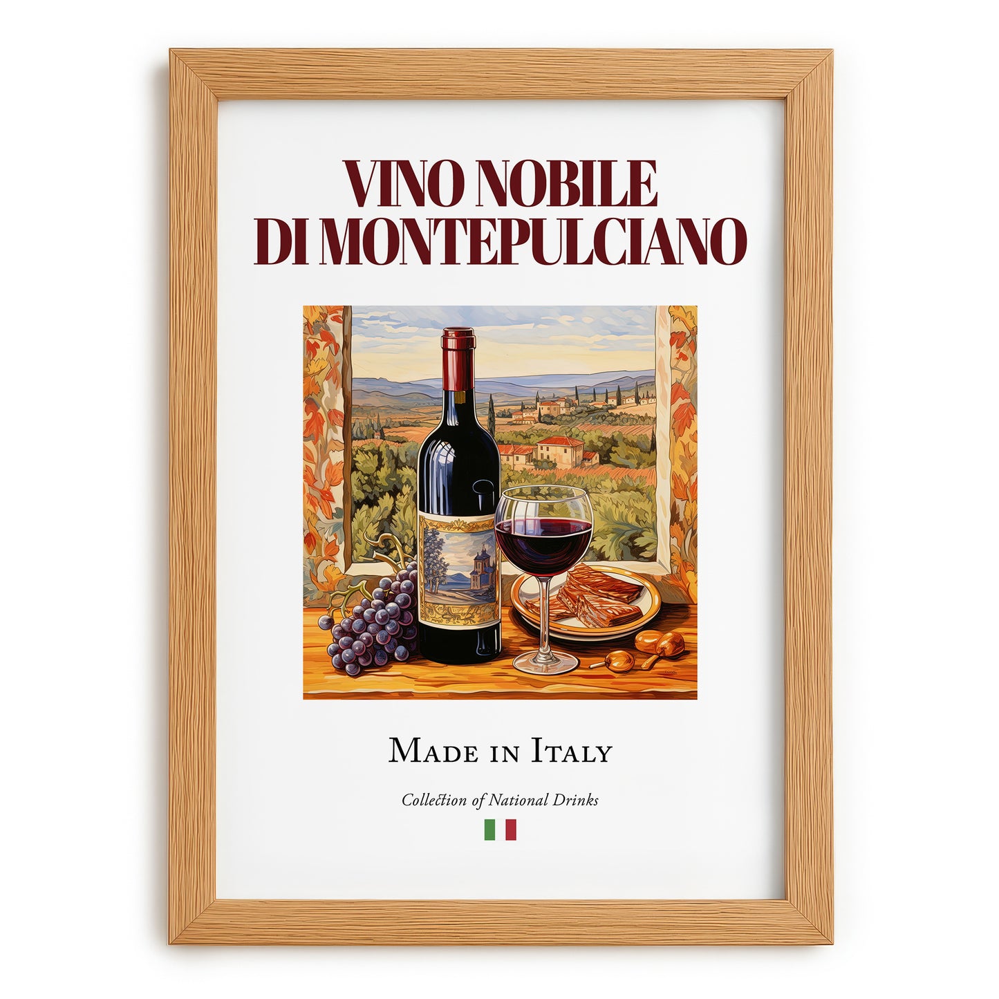 Vino Nobile di Montepulciano – Italian Red Wine, Enoteca Still Life, set in oak frame