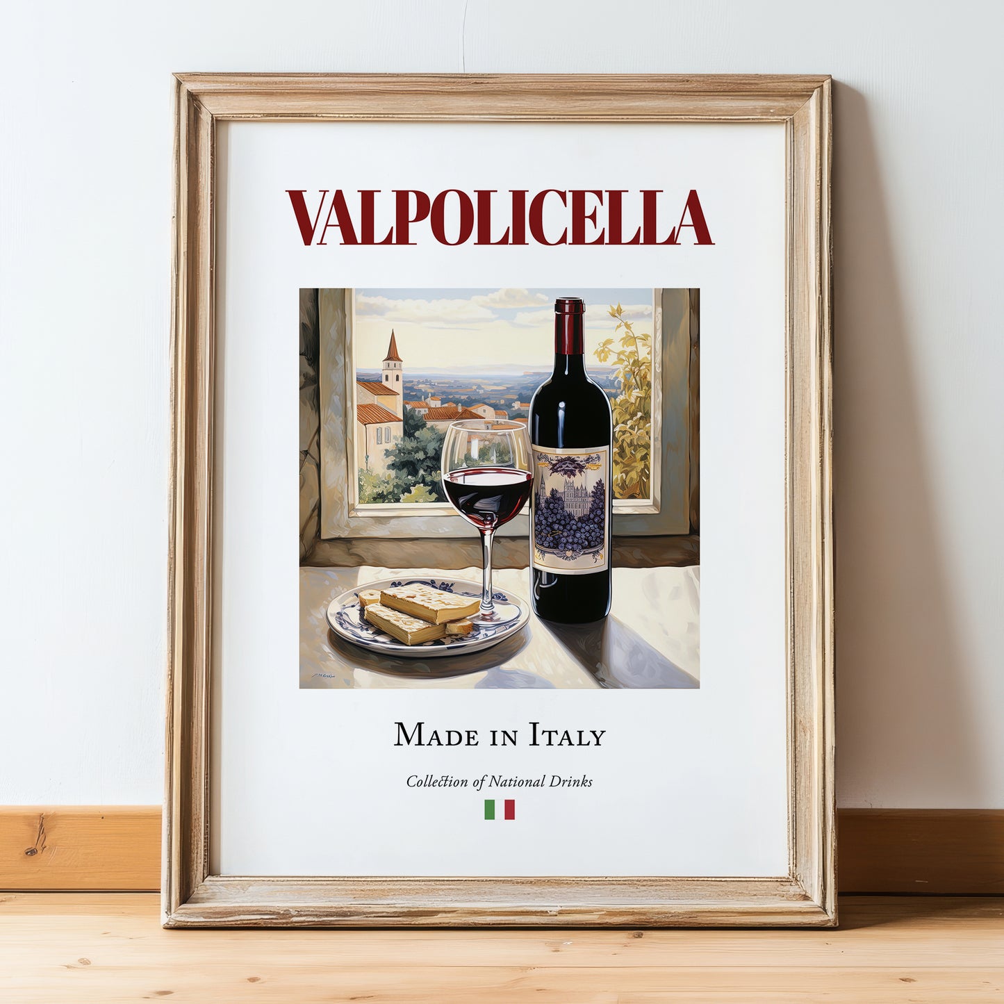 Valpolicella – Italian Red Wine, Wine Bar Illustration, in wooden frame leaning on the floor