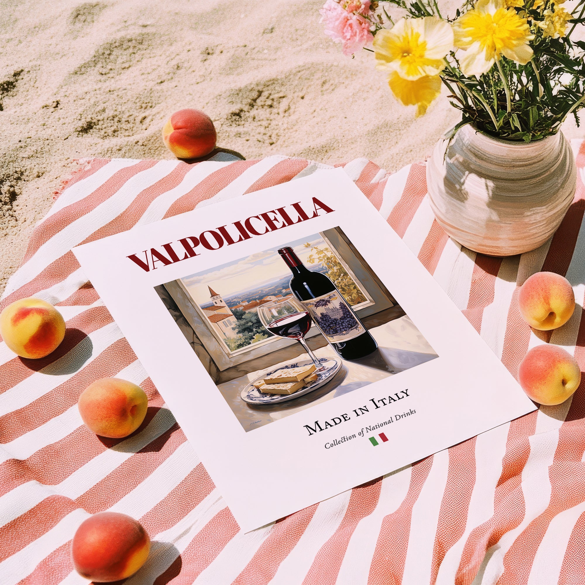 Valpolicella – Italian Red Wine, Wine Bar Illustration, unframed on coastal sand