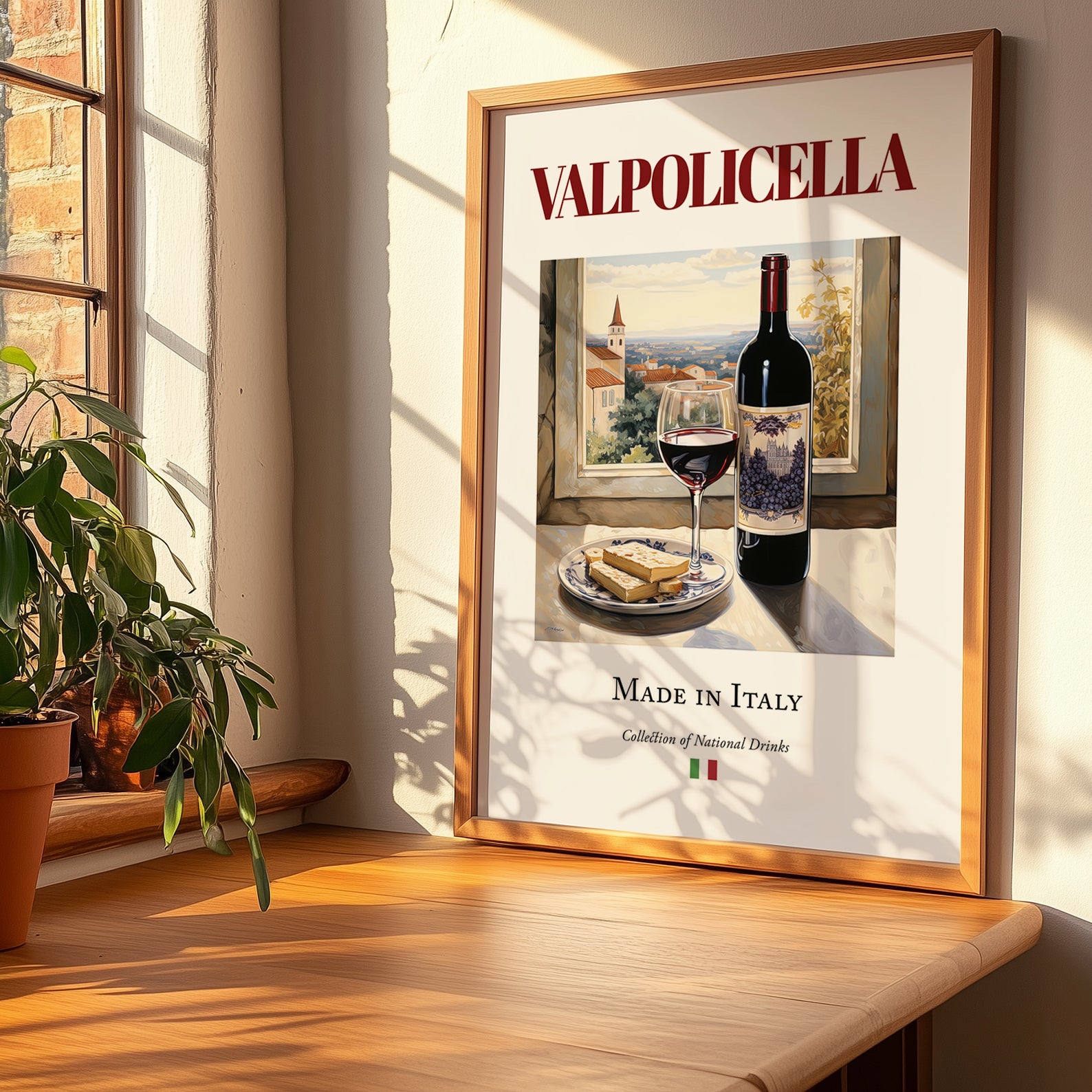 Valpolicella – Italian Red Wine, Wine Bar Illustration, no-text version framed in wood