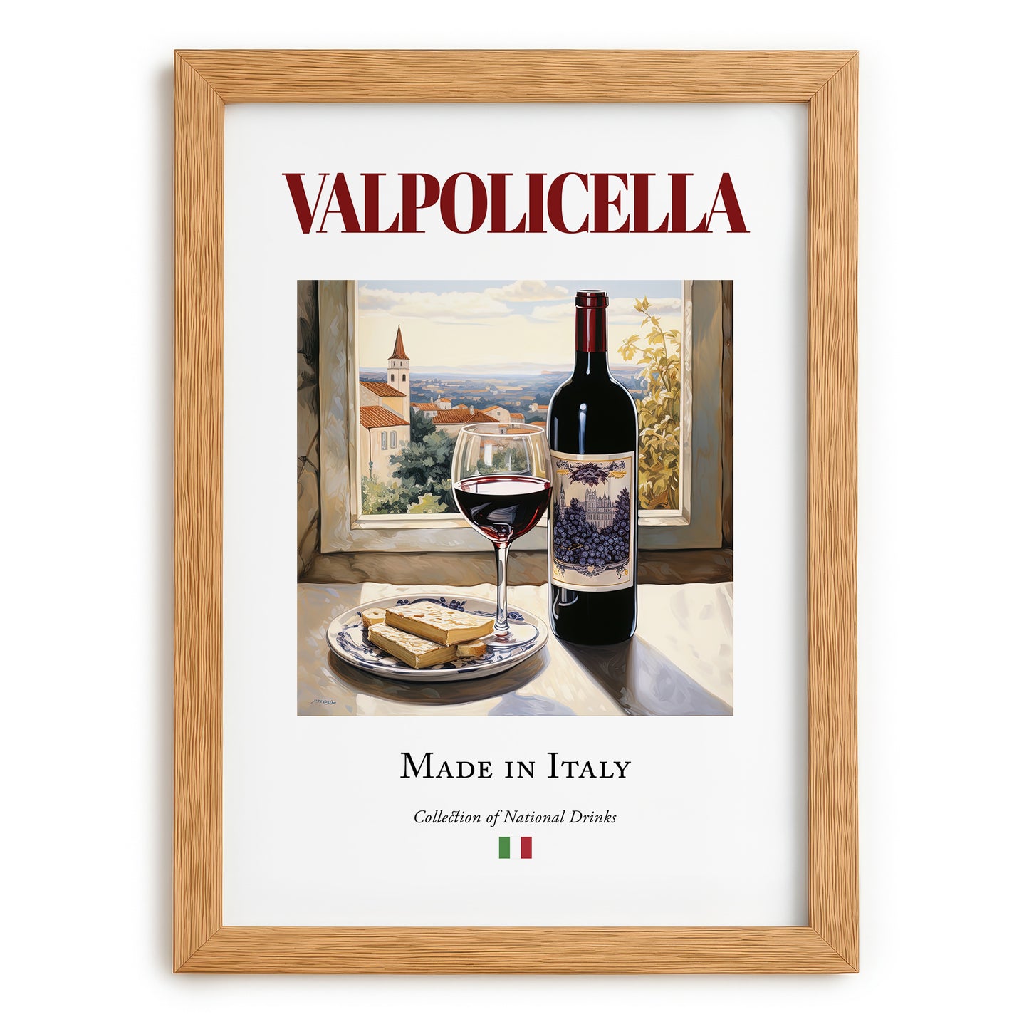 Valpolicella – Italian Red Wine, Wine Bar Illustration, set in oak frame