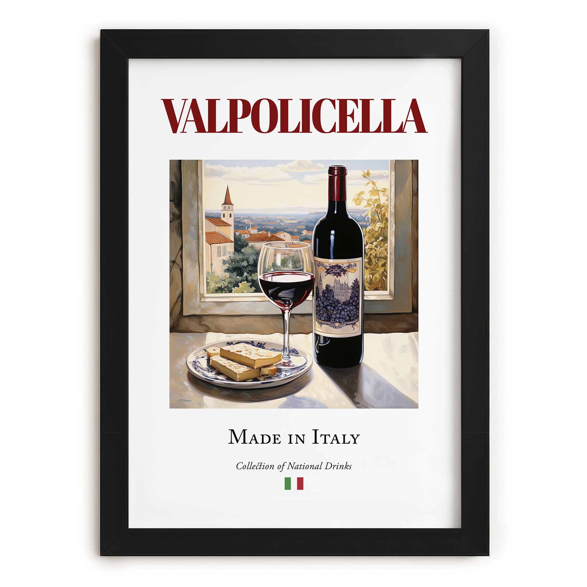 Valpolicella – Italian Red Wine, Wine Bar Illustration, in sleek black frame