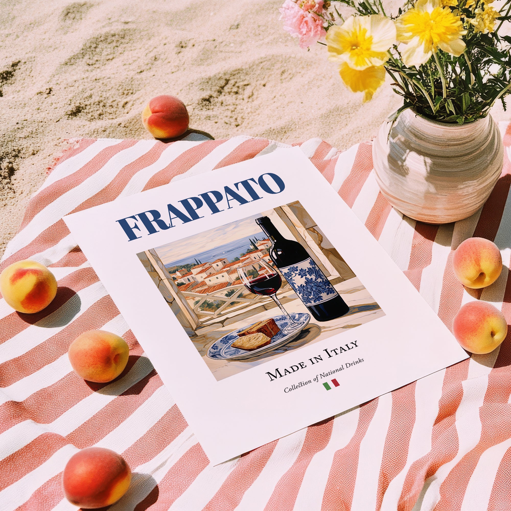 Frappato – Italian Red Wine, Wine Bar Poster, unframed on coastal sand
