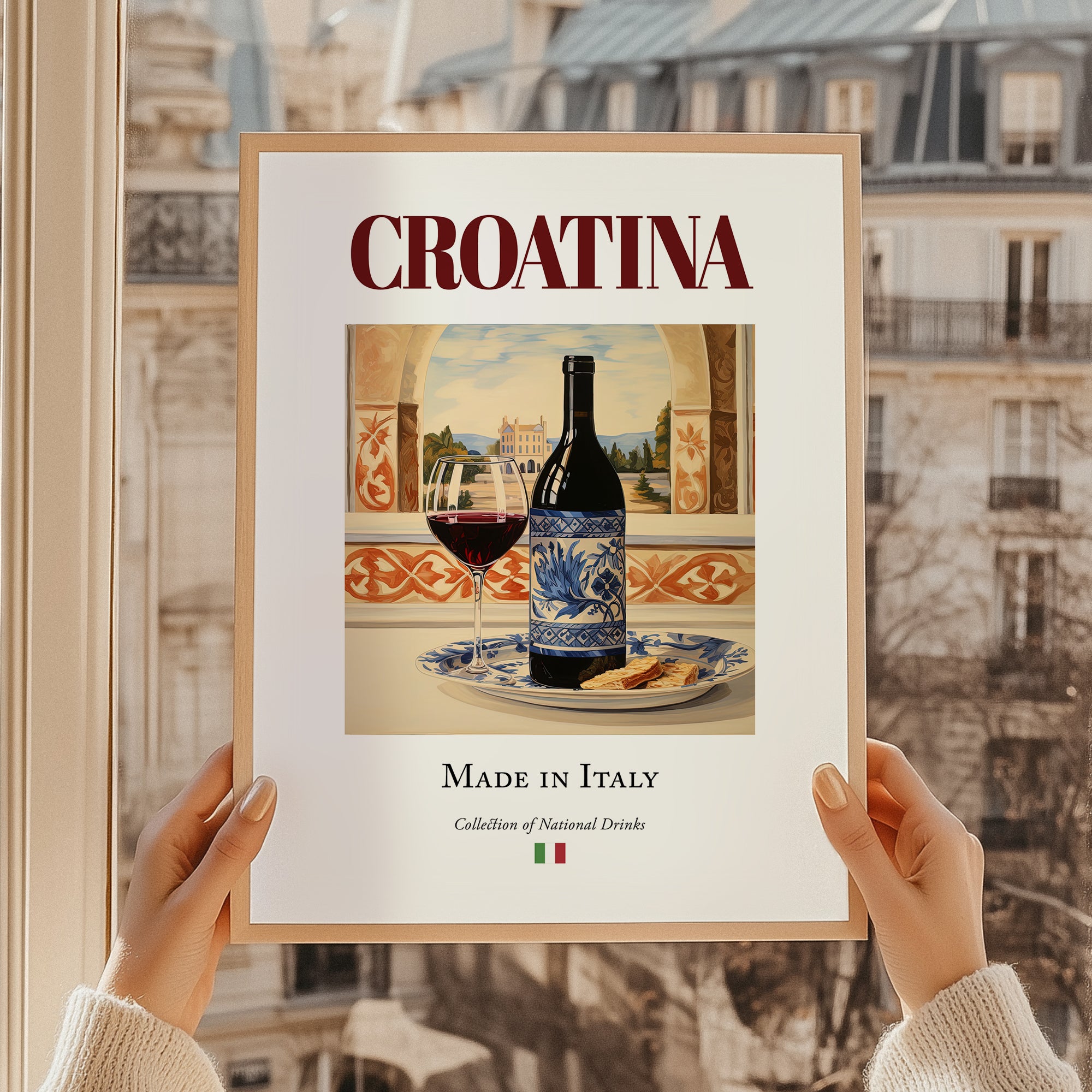 Croatina – Italian Red Wine, Vineyard Terrace Illustration, styled in a charming Paris street view