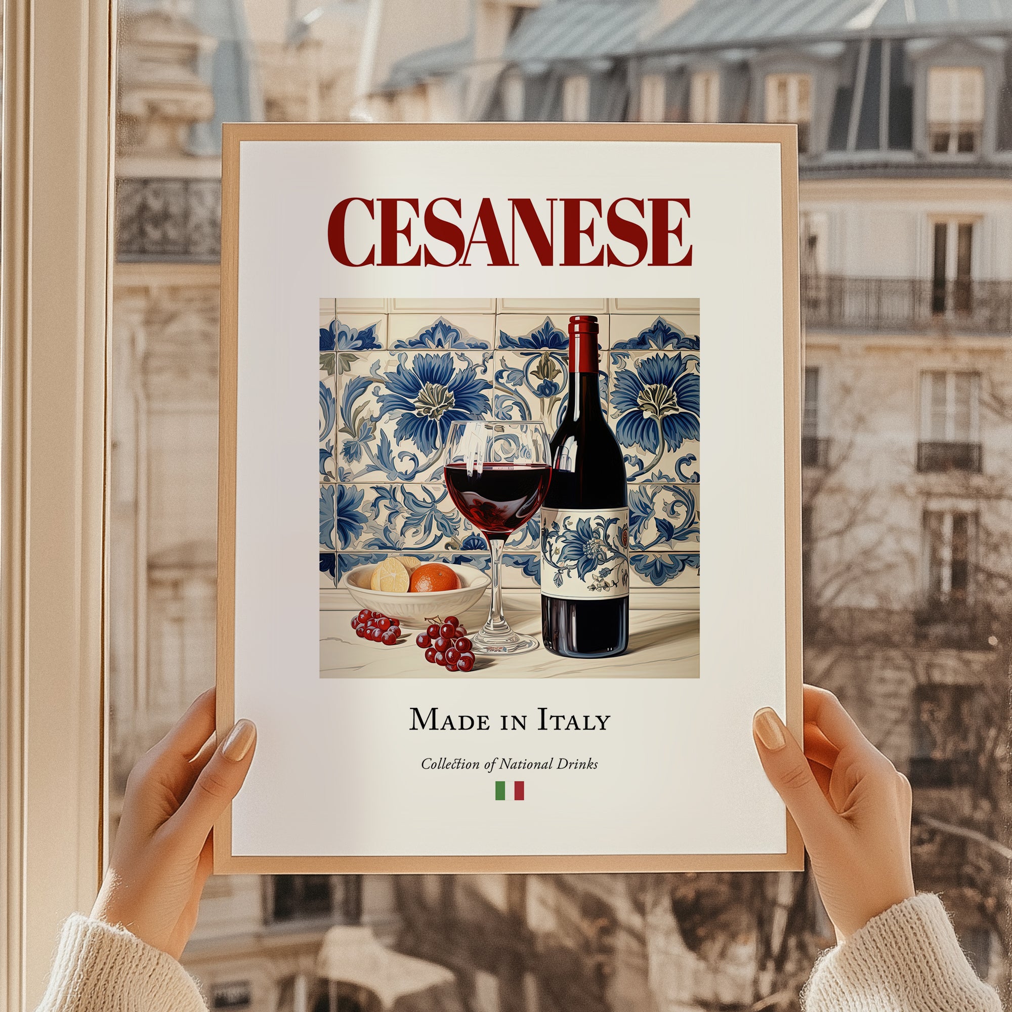 Cesanese – Italian Red Wine, Wine Bar Poster, styled in a charming Paris street view