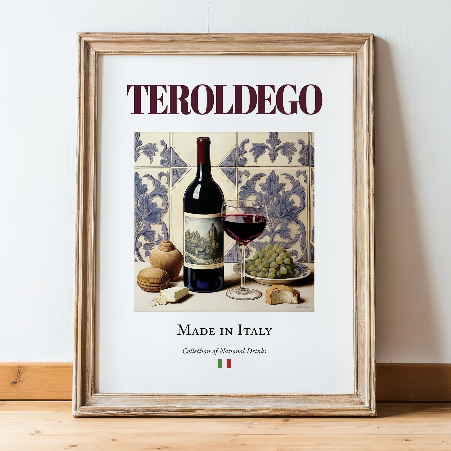 Teroldego – Italian Red Wine, Enoteca Still Life, in wooden frame leaning on the floor