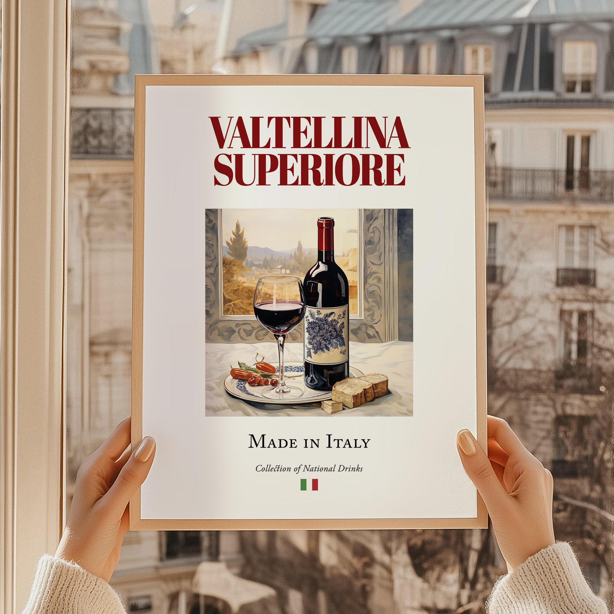 Valtellina Superiore – Italian Red Wine, Tasting Room Illustration, styled in a charming Paris street view