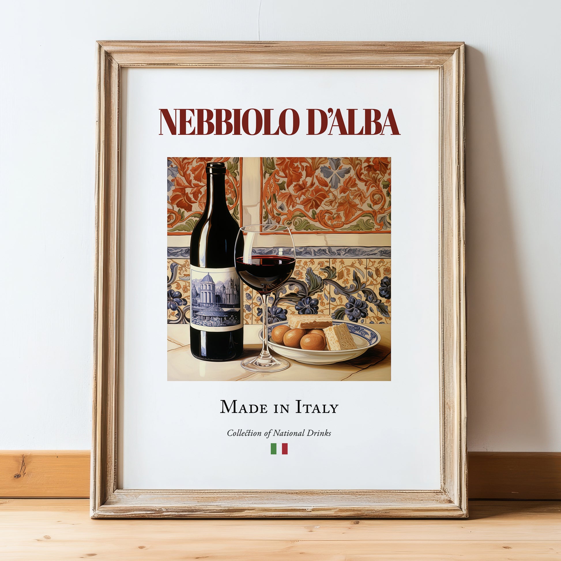 Nebbiolo d’Alba – Italian Red Wine, Bodega Poster, in wooden frame leaning on the floor