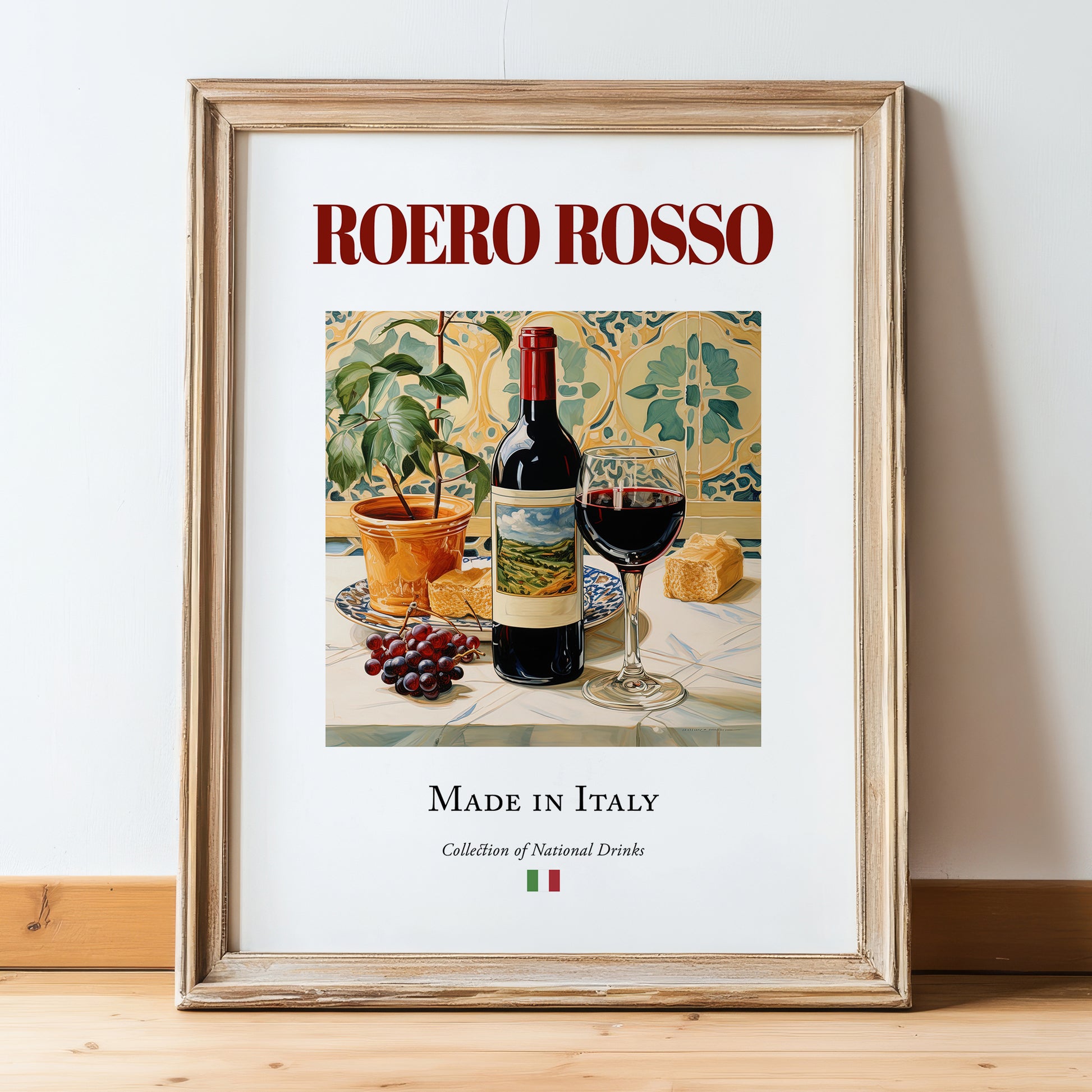 Roero Rosso – Italian Red Wine, Vineyard Terrace Poster, in wooden frame leaning on the floor
