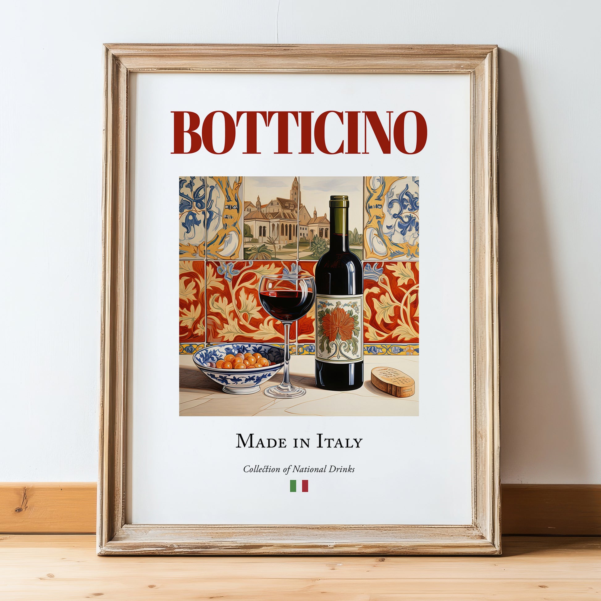 Botticino – Italian Red Wine, Vineyard Terrace Poster, in wooden frame leaning on the floor