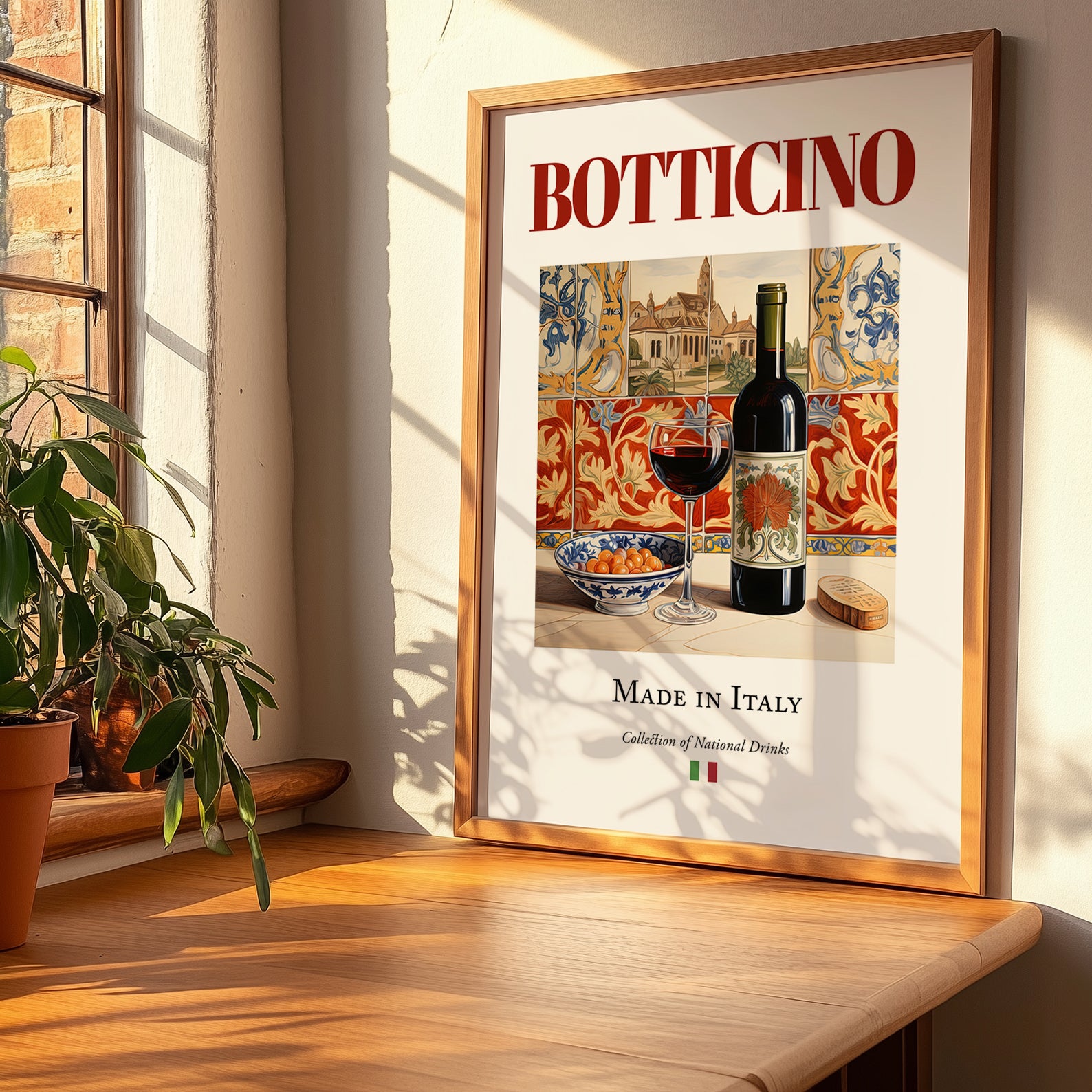 Botticino – Italian Red Wine, Vineyard Terrace Poster, no-text version framed in wood