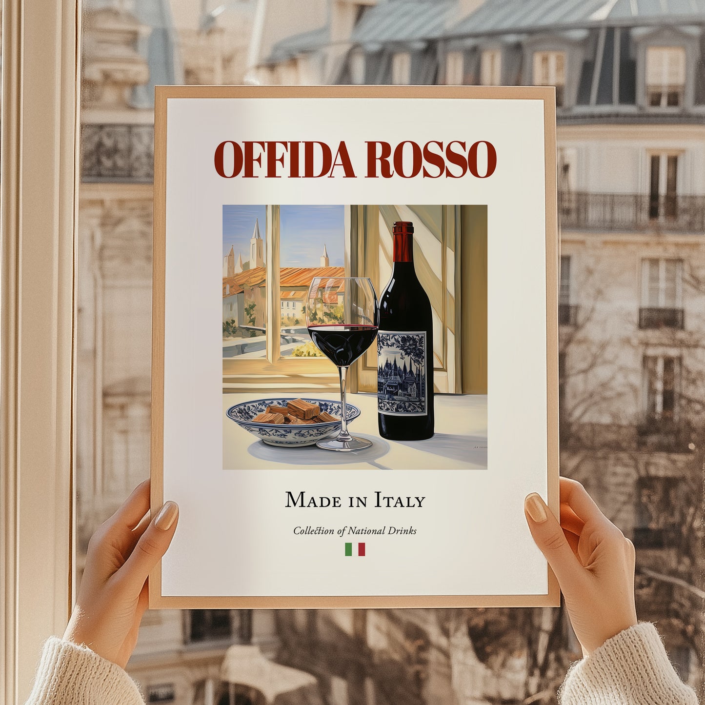 Offida Rosso – Italian Red Wine, Wine Bar Painting, styled in a charming Paris street view