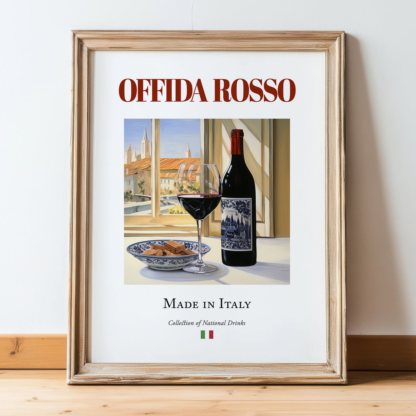 Offida Rosso – Italian Red Wine, Wine Bar Painting, in wooden frame leaning on the floor