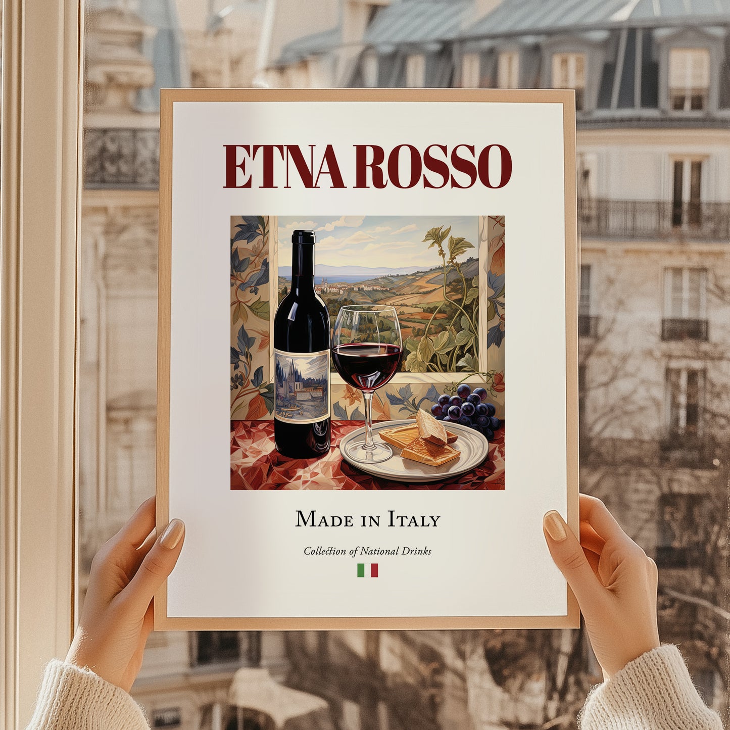 Etna Rosso – Italian Red Wine, Vinoteca Poster, styled in a charming Paris street view