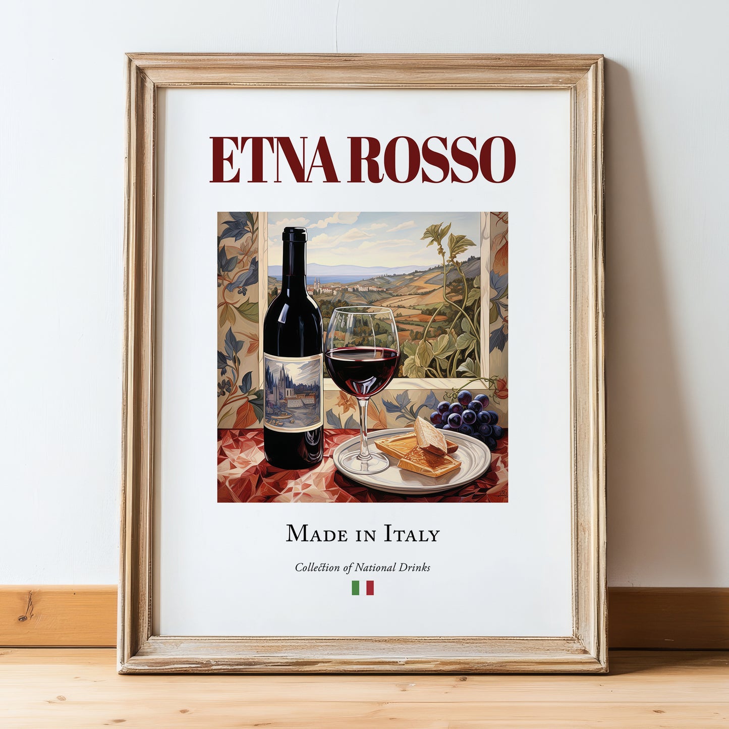 Etna Rosso – Italian Red Wine, Vinoteca Poster, in wooden frame leaning on the floor