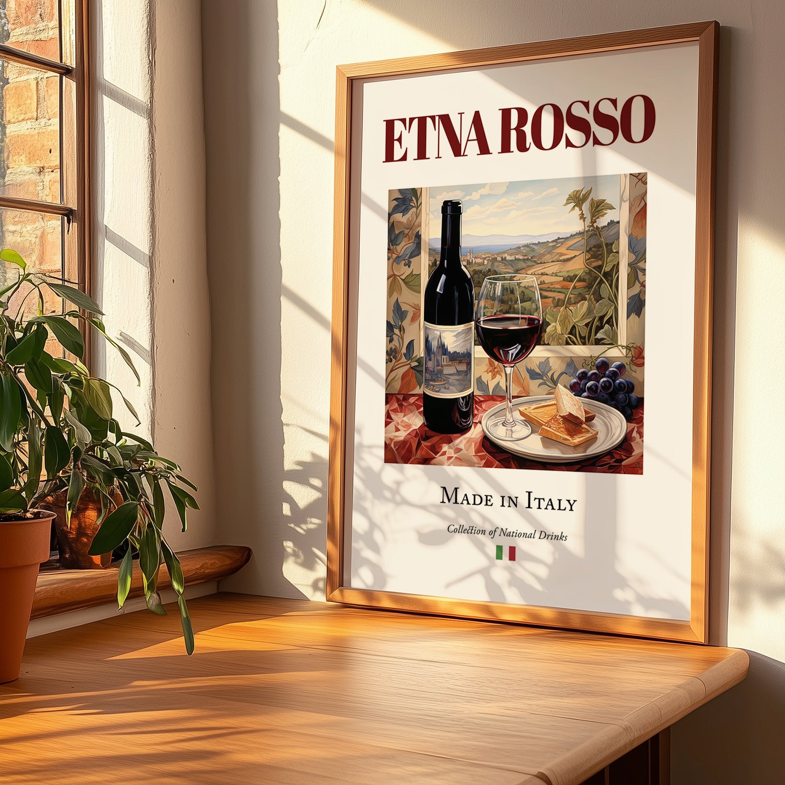 Etna Rosso – Italian Red Wine, Vinoteca Poster, no-text version framed in wood
