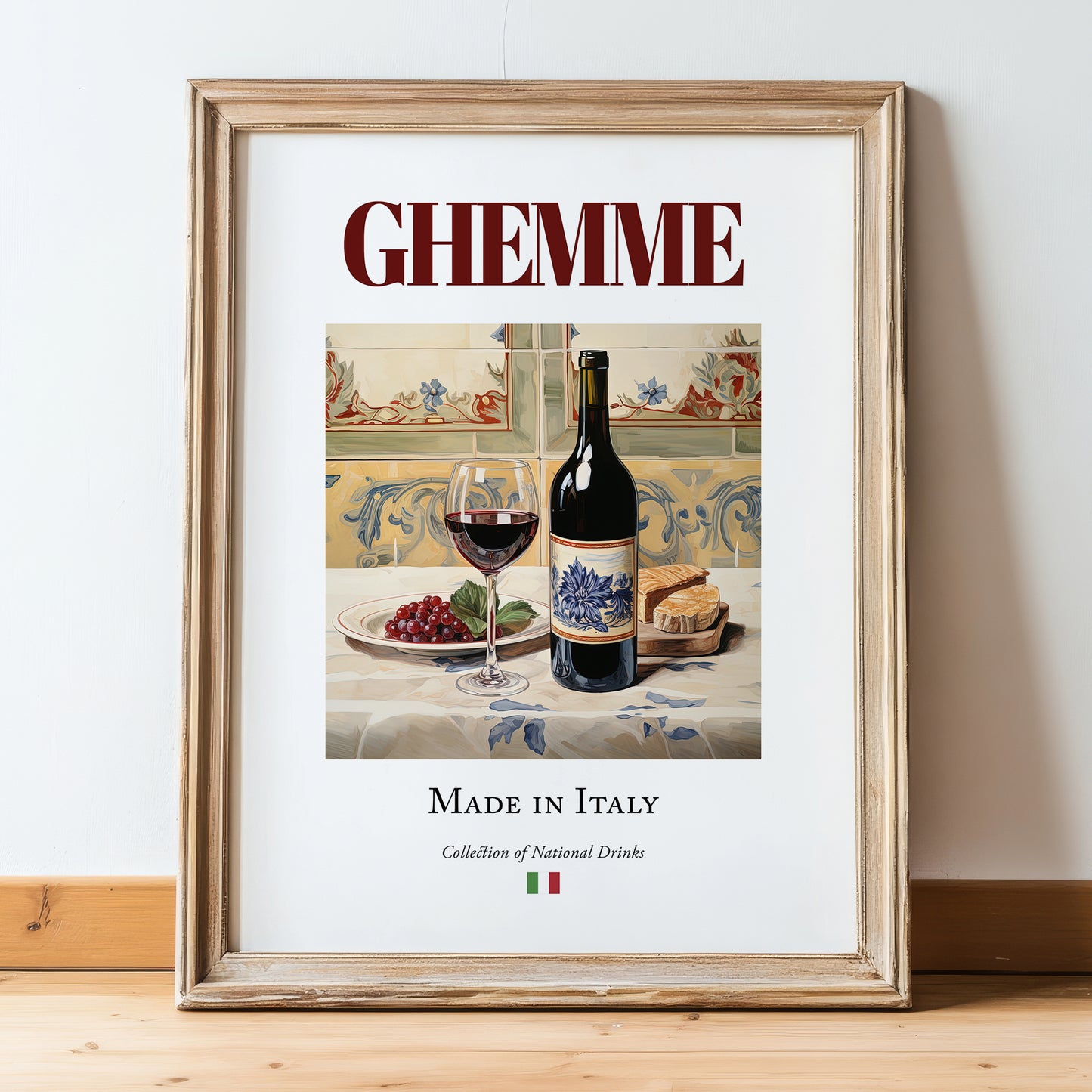 Ghemme – Italian Red Wine, Enoteca Painting, in wooden frame leaning on the floor