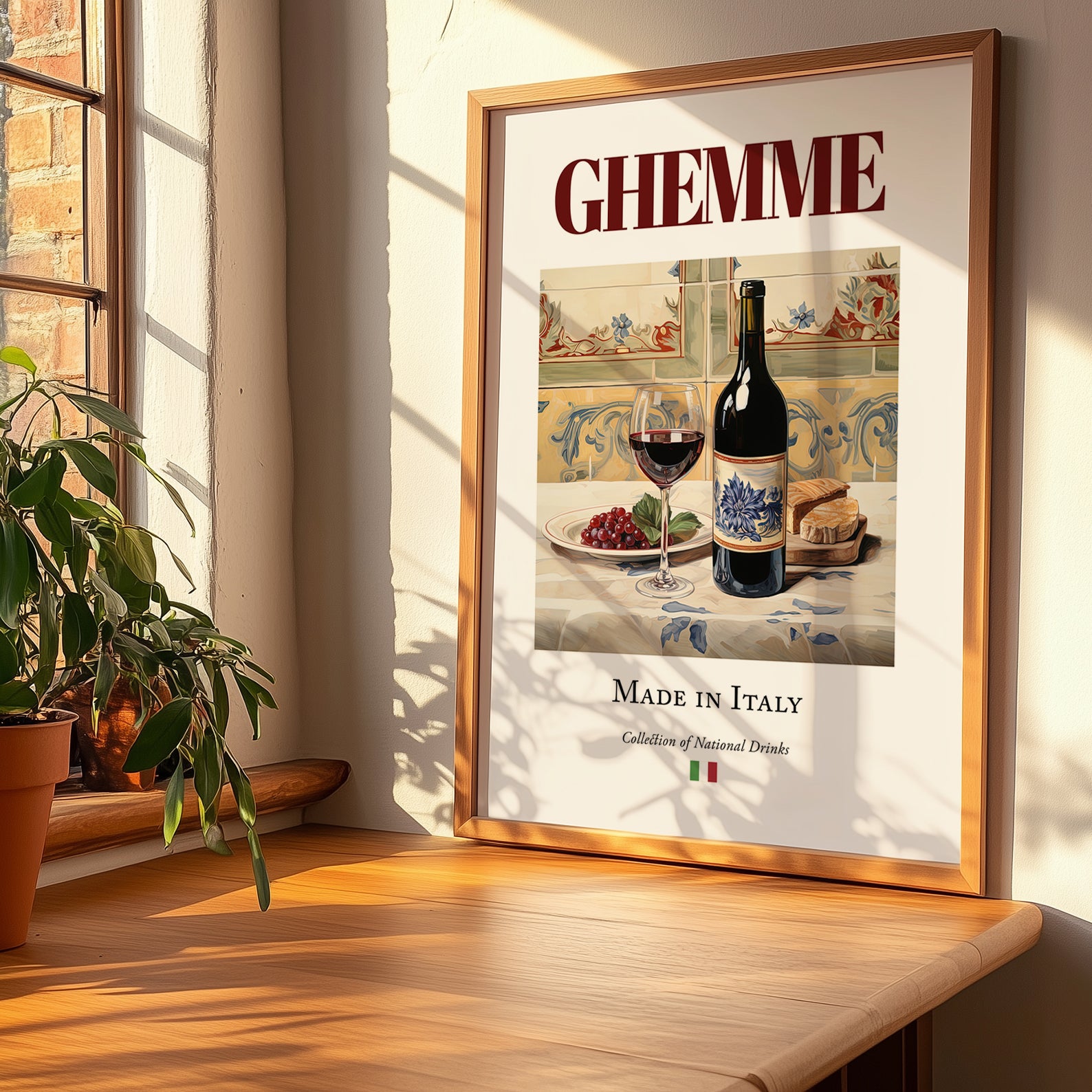 Ghemme – Italian Red Wine, Enoteca Painting, no-text version framed in wood