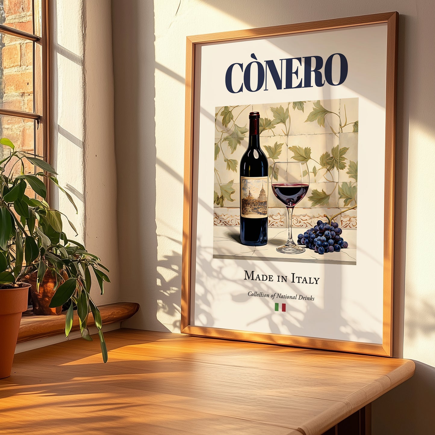 Cònero – Italian Red Wine, Vineyard Terrace Wall Decor, no-text version framed in wood