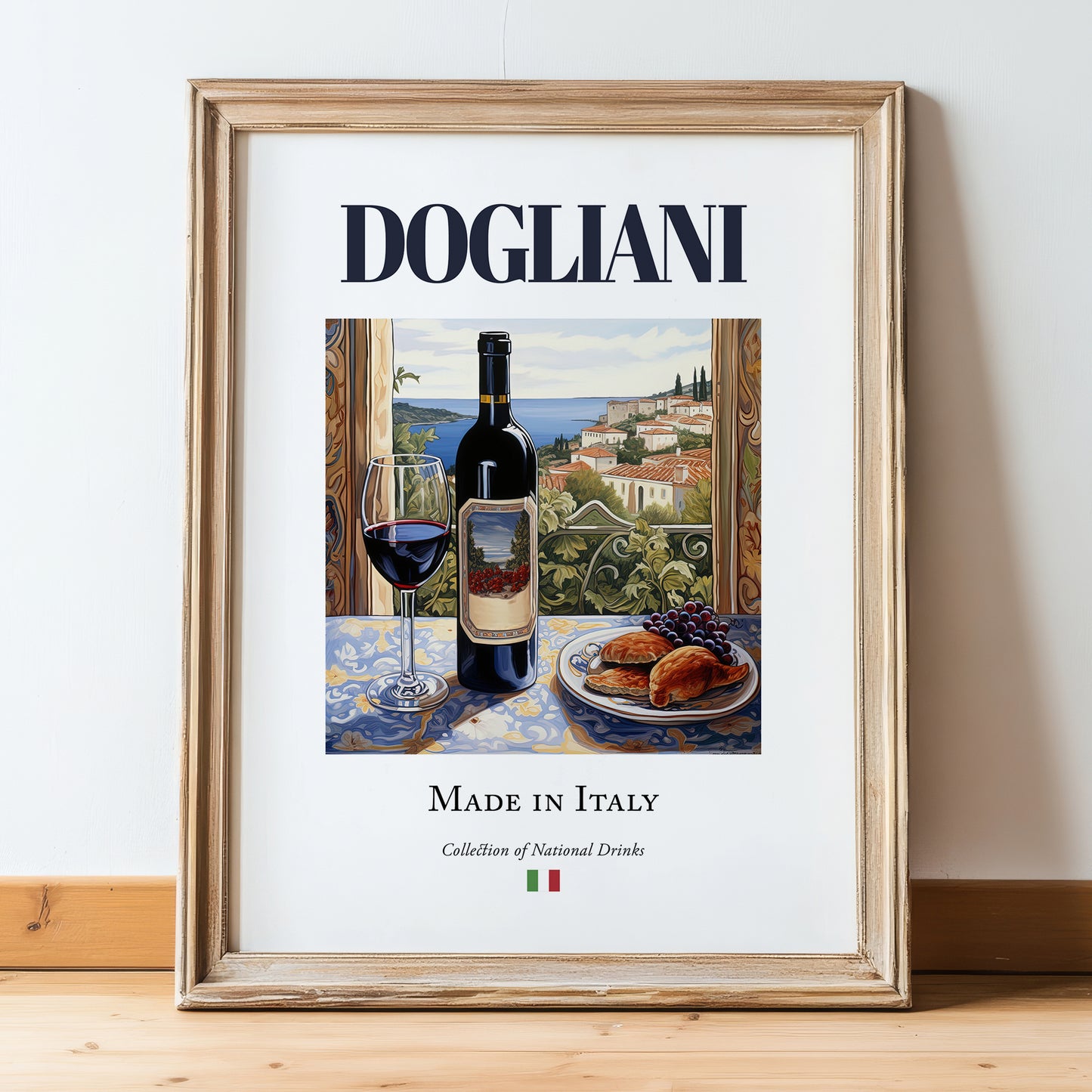 Dogliani – Italian Red Wine, Vineyard Terrace Poster, in wooden frame leaning on the floor