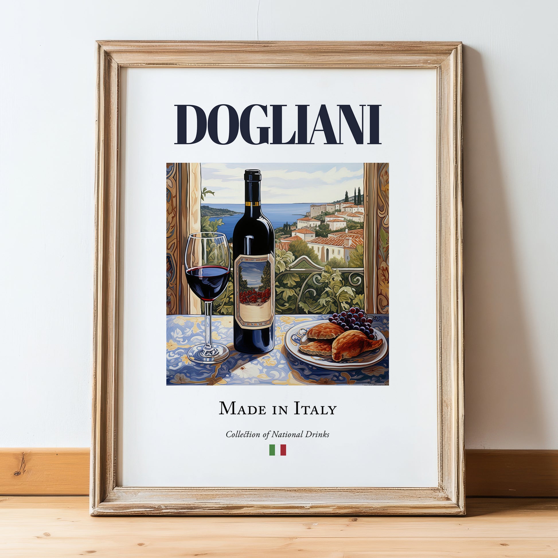 Dogliani – Italian Red Wine, Vineyard Terrace Poster, in wooden frame leaning on the floor
